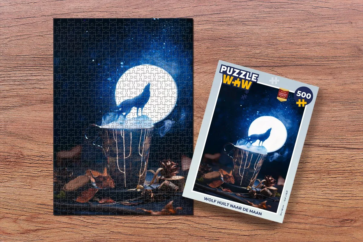 PuzzleWow Wolf huilt naar de maan Legpuzzel 500 Stuks - Multicolor