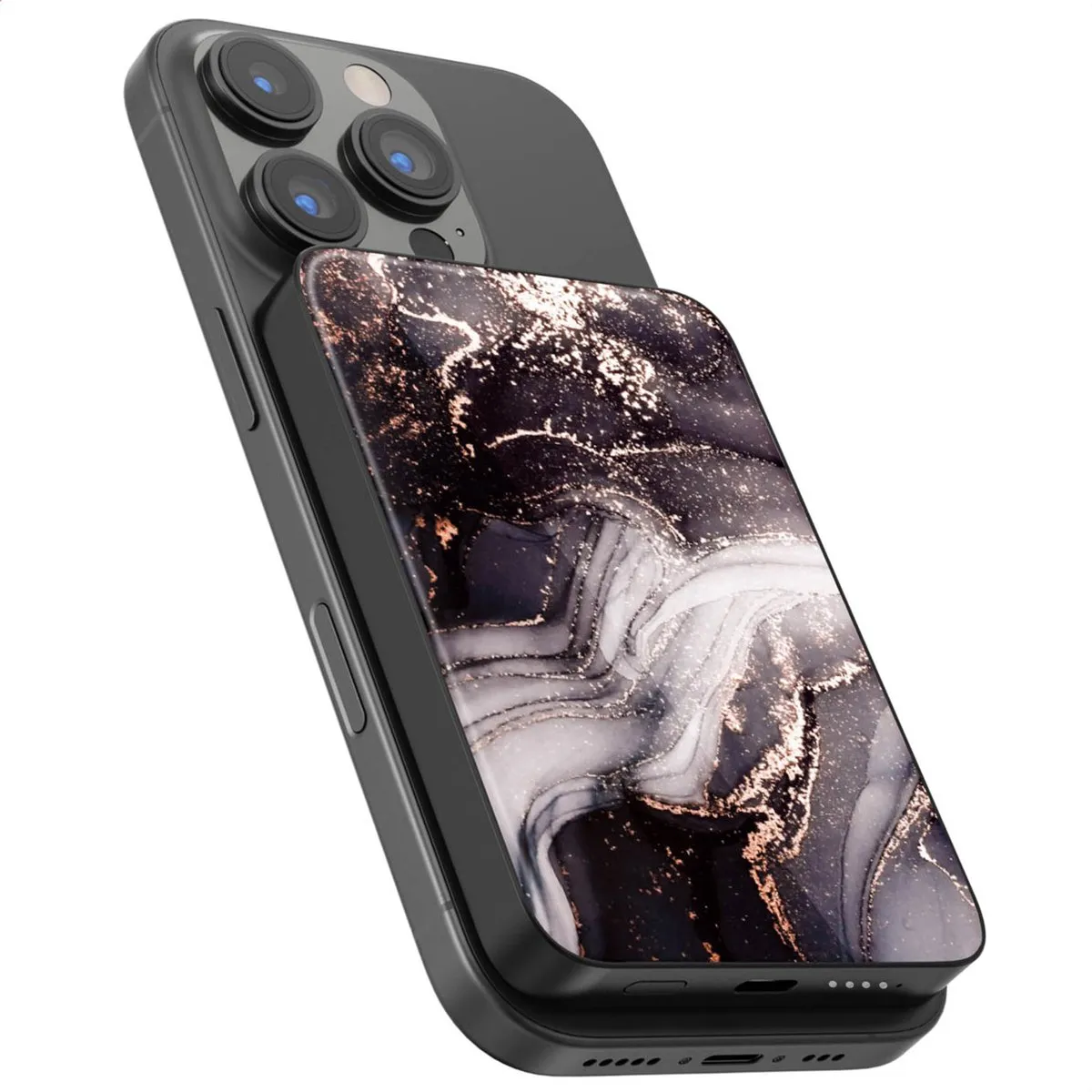 Selencia Powerbank 5.000 mAh - Draadloze Powerbank - Geschikt voor MagSafe en Qi - Black / Chic Marble Black
