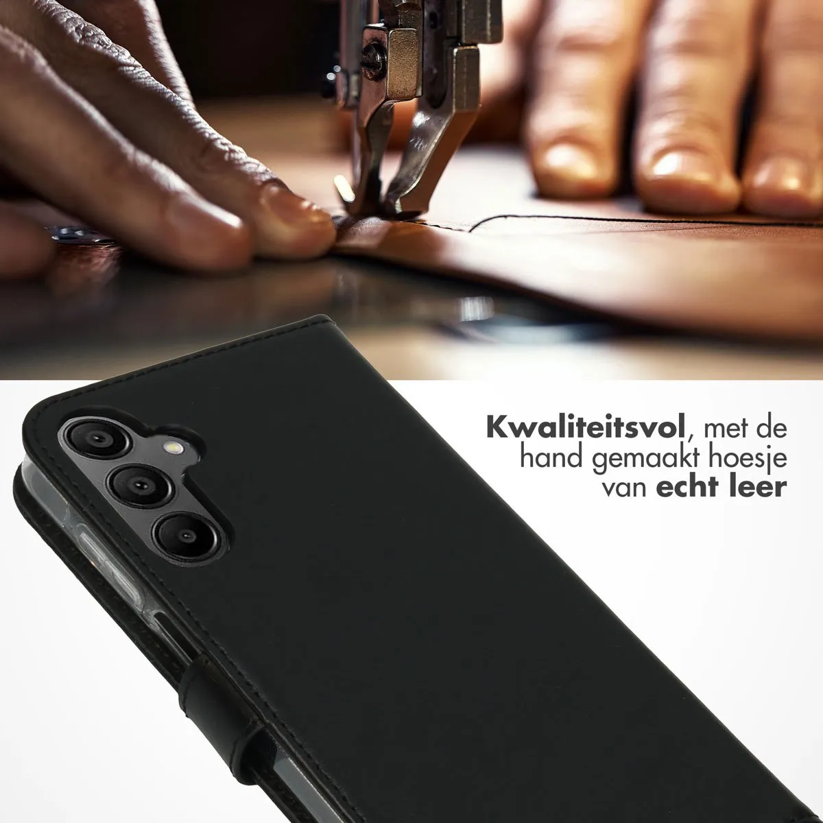 Selencia Hoesje Samsung Galaxy A15 - Echt Lederen Bookcase - 3 Pasjes - Zwart