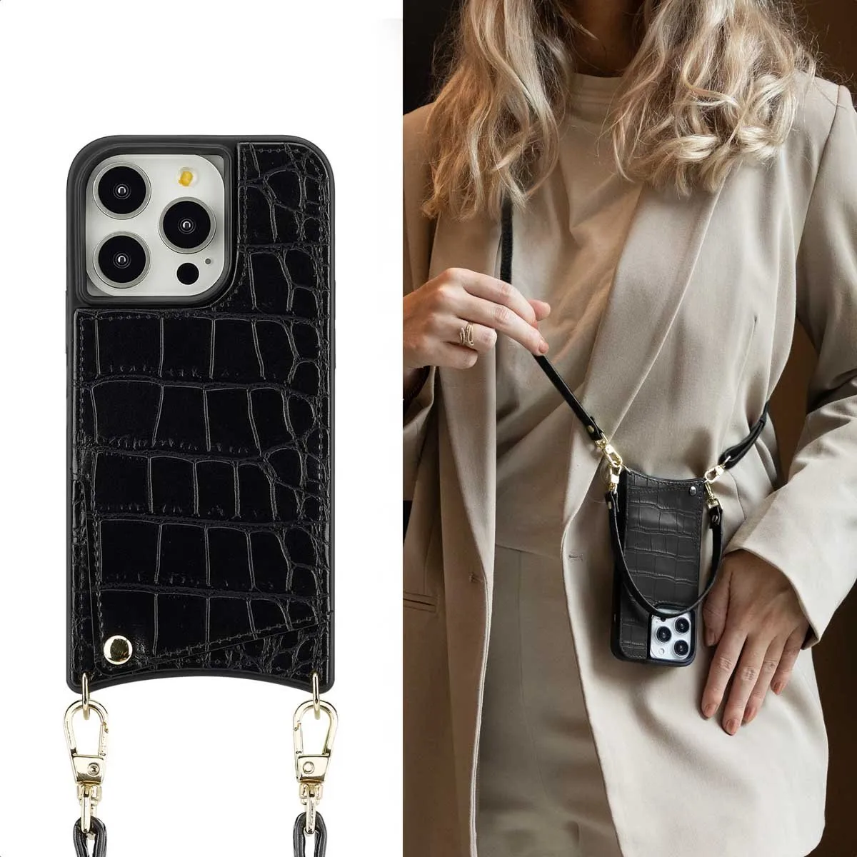 Selencia Hoesje iPhone 14 Pro Croco Zwart - 2 Pasjes