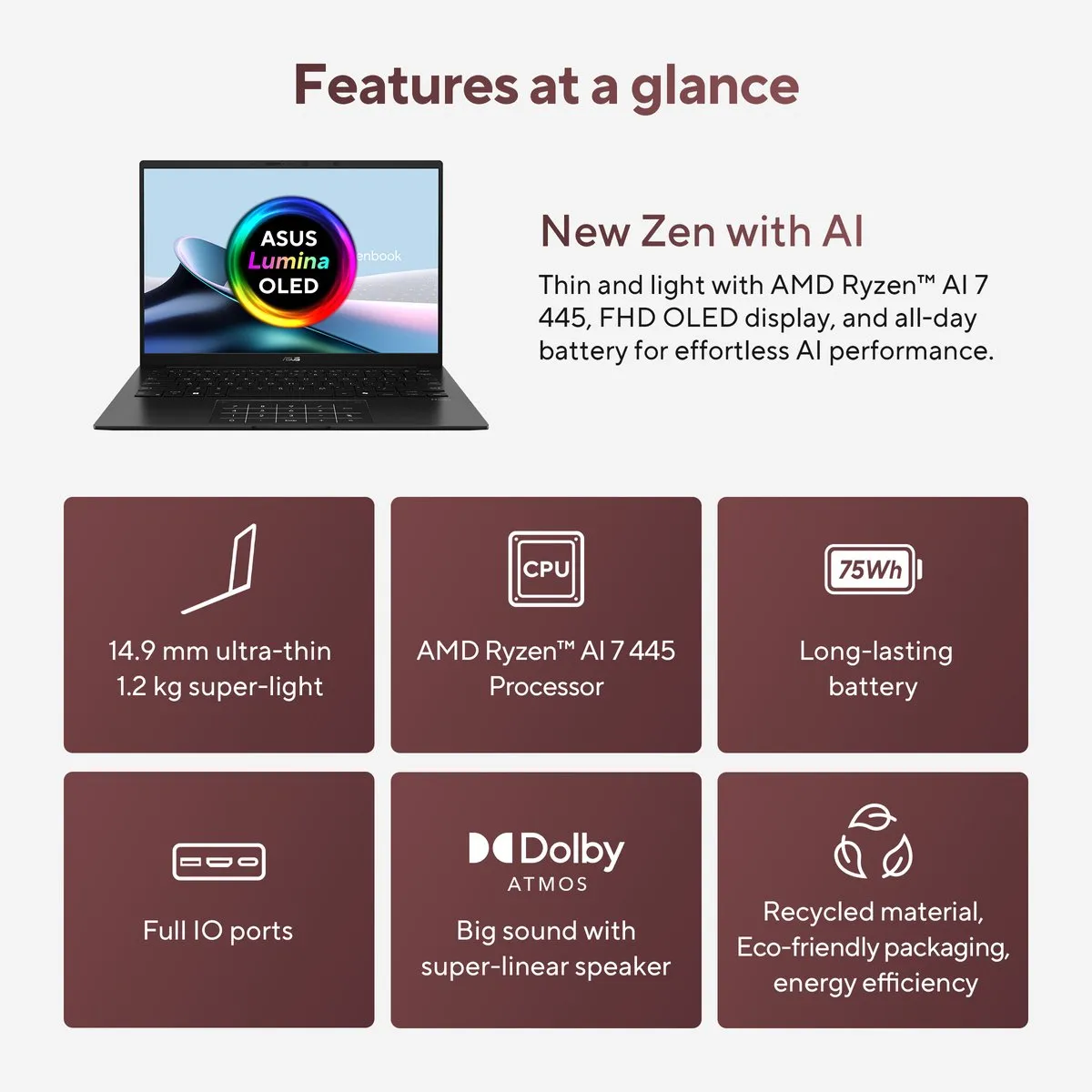ASUS Zenbook 14 OLED UM3406GA-QD031W Laptop - Ryzen AI 7 - 32GB/1TB
