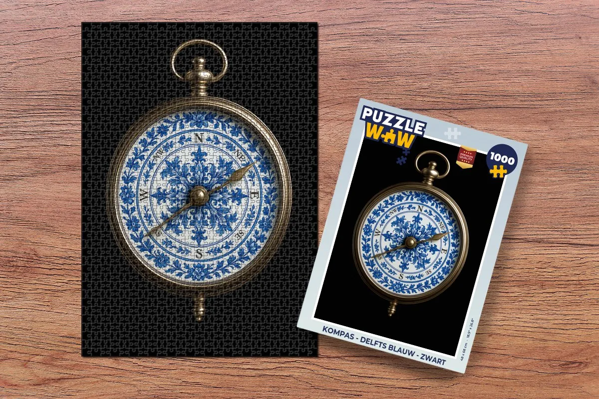 PuzzleWow Kompas Legpuzzel 1000 Stuks - Delfts Blauw/Zwart