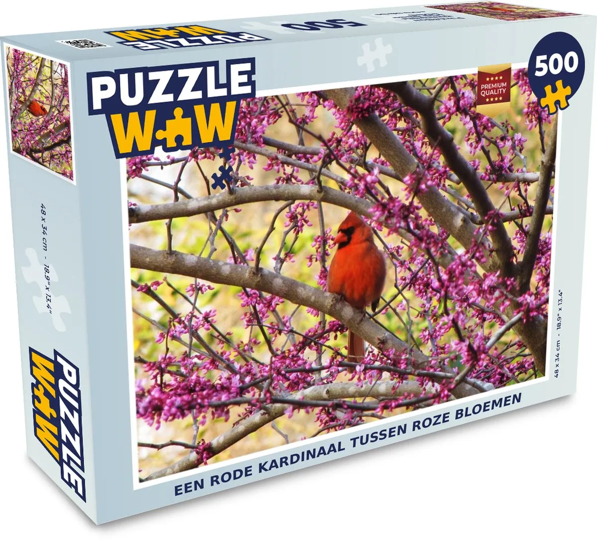 PuzzleWow Legpuzzel Een rode kardinaal tussen roze bloemen 500 Stuks - Multicolor