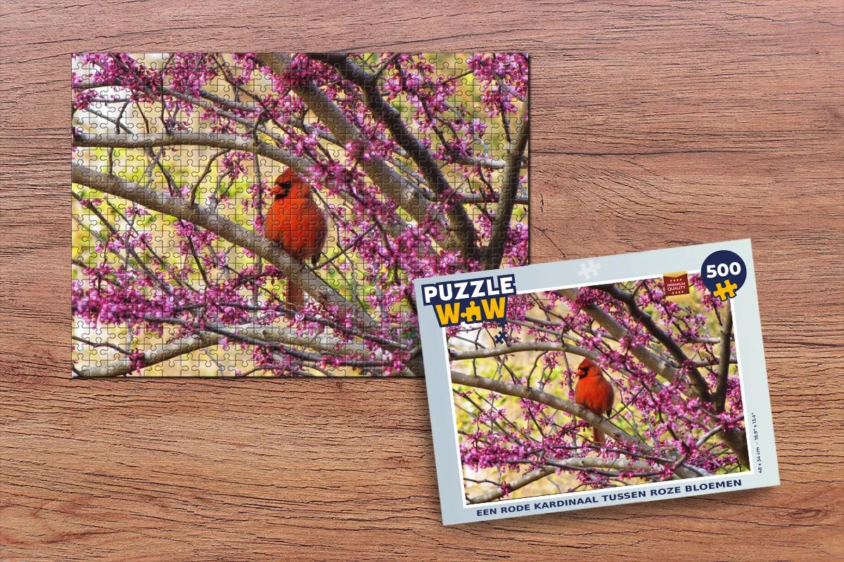 PuzzleWow Legpuzzel Een rode kardinaal tussen roze bloemen 500 Stuks - Multicolor
