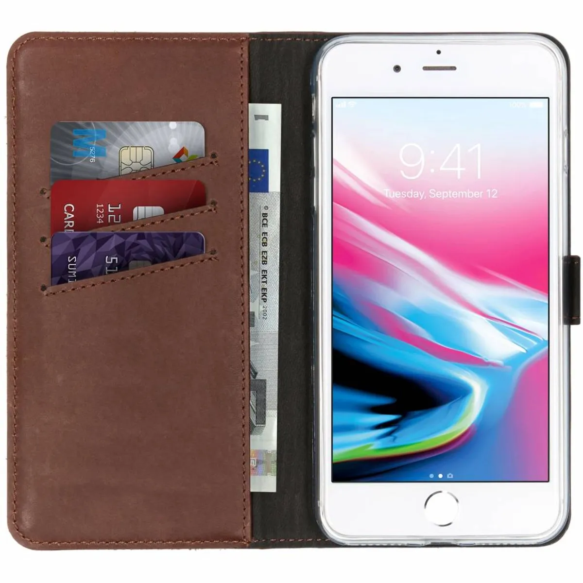 Selencia Hoesje iPhone 8/7 Plus - Echt Lederen Bookcase - 3 Pasjes - Bruin