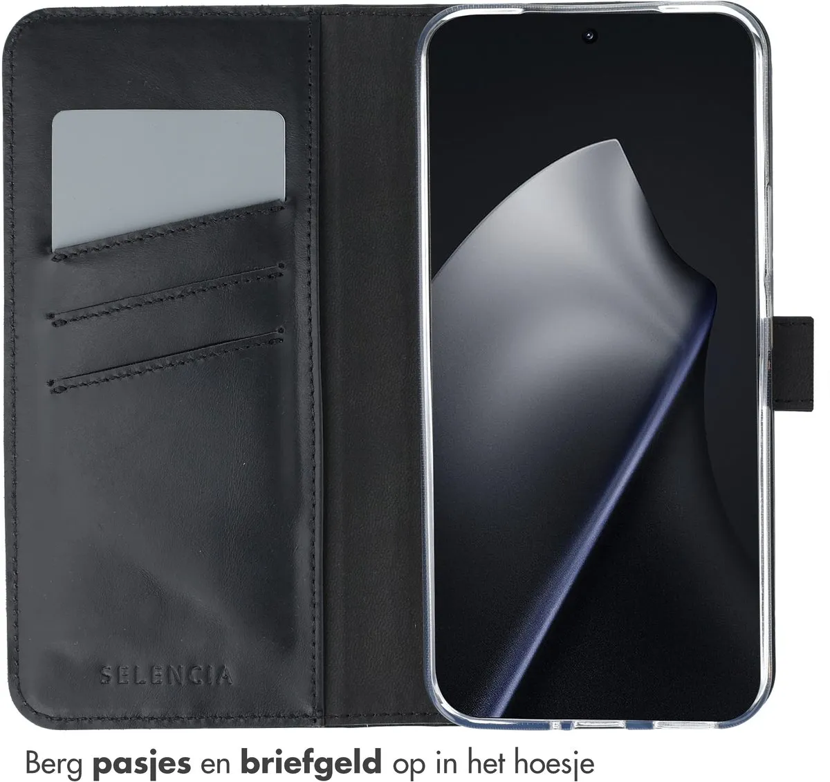 Selencia Hoesje Xiaomi 15T Pro - Echt Lederen Bookcase 3 Stuks - Zwart