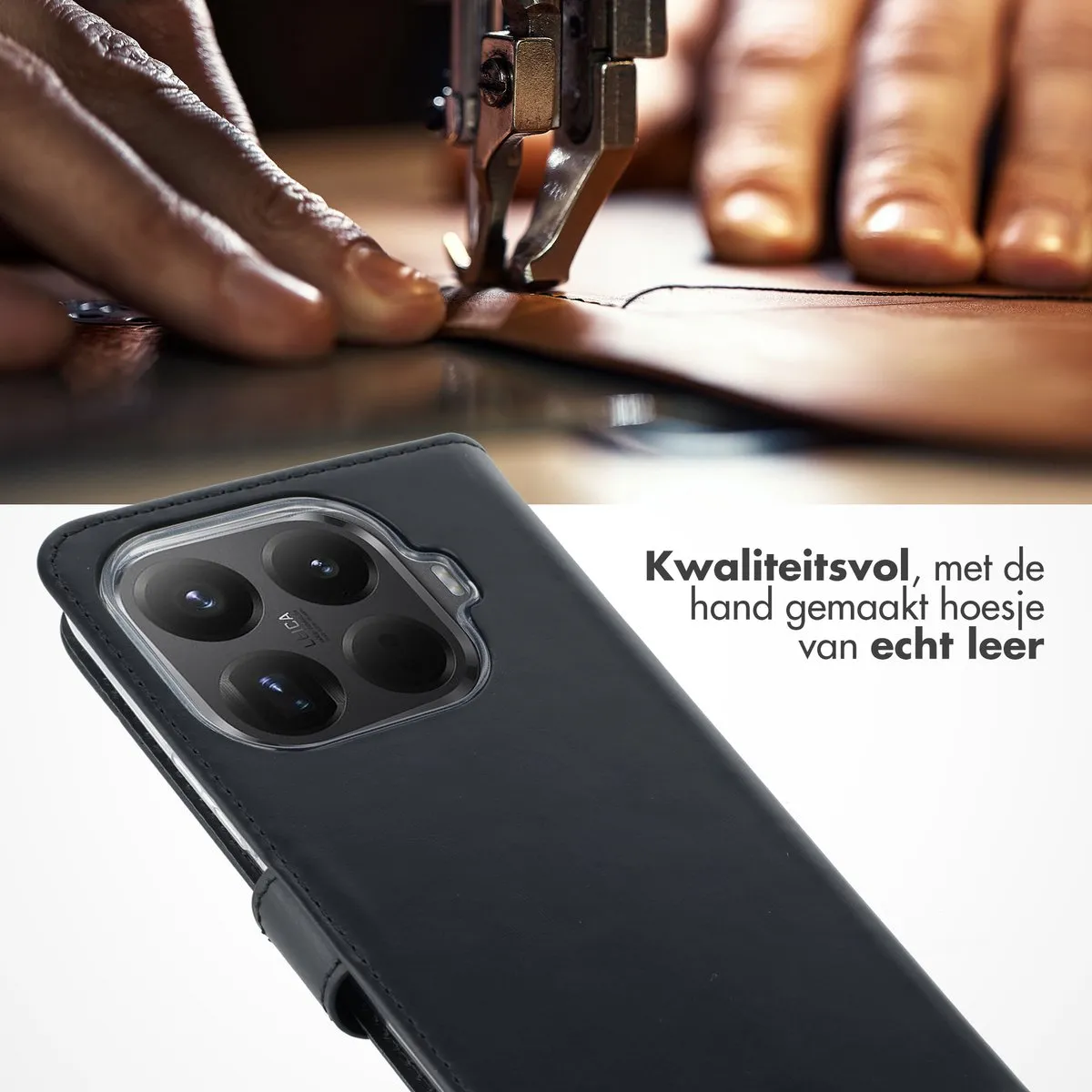 Selencia Hoesje Xiaomi 15T Pro - Echt Lederen Bookcase 3 Stuks - Zwart