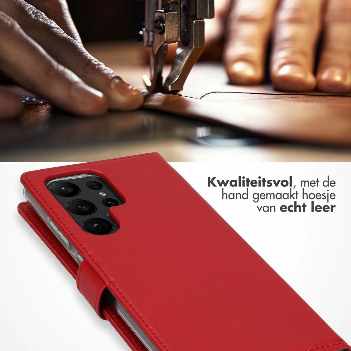 Selencia Hoesje Samsung Galaxy S23 Ultra - Rood Lederen Bookcase - 3 Pasjes