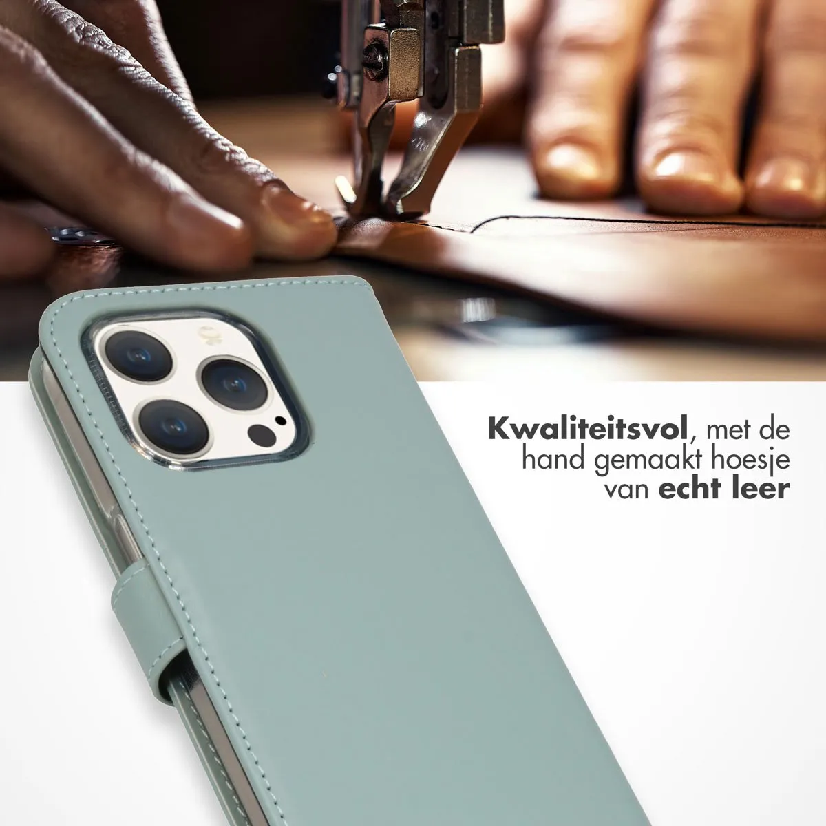 Selencia Hoesje iPhone 15 Pro Echt Lederen Bookcase - Lichtblauw