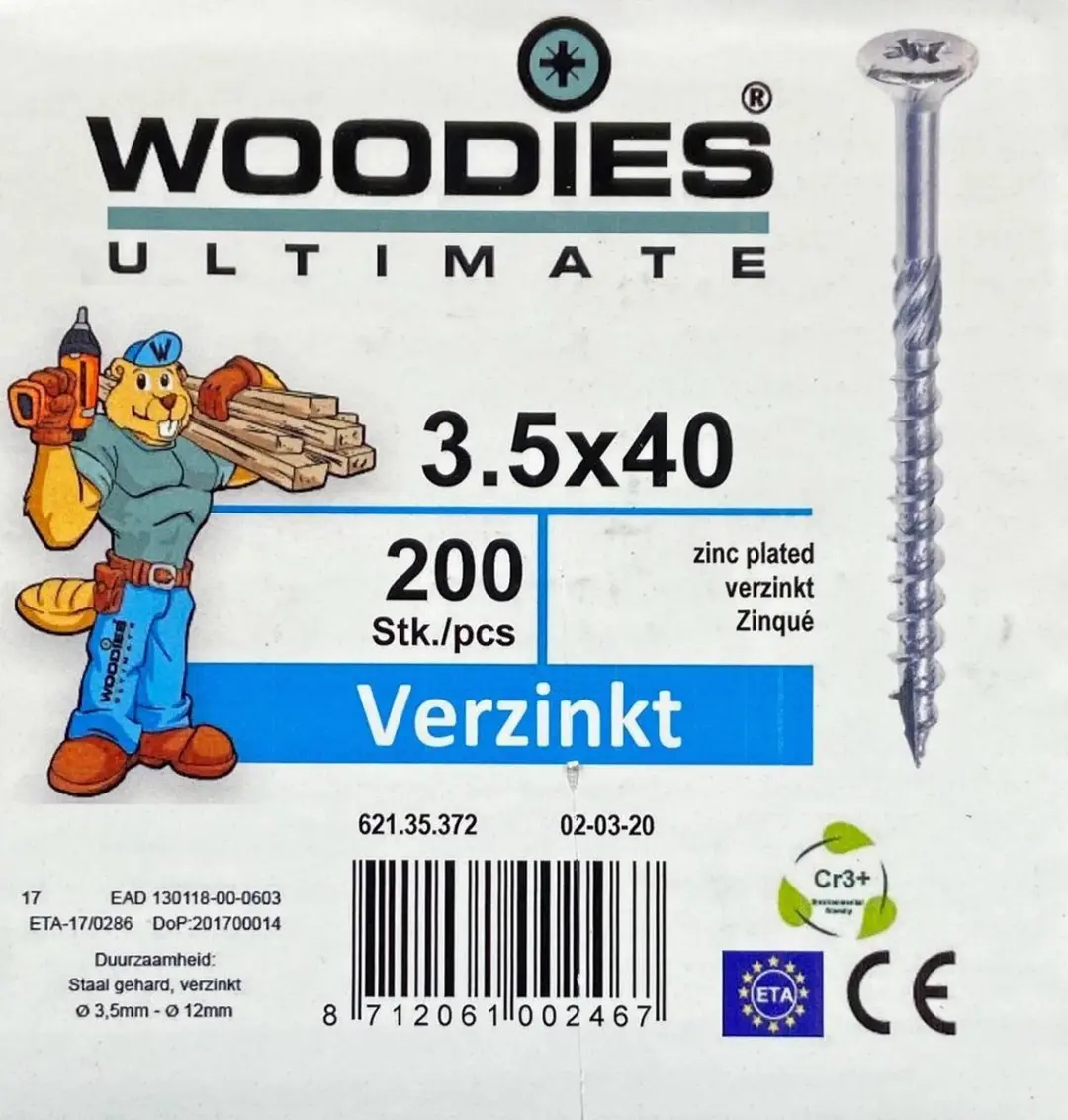 Woodies schroeven 3.5x40 verzinkt PZD 2 deeldraad 200 stuks