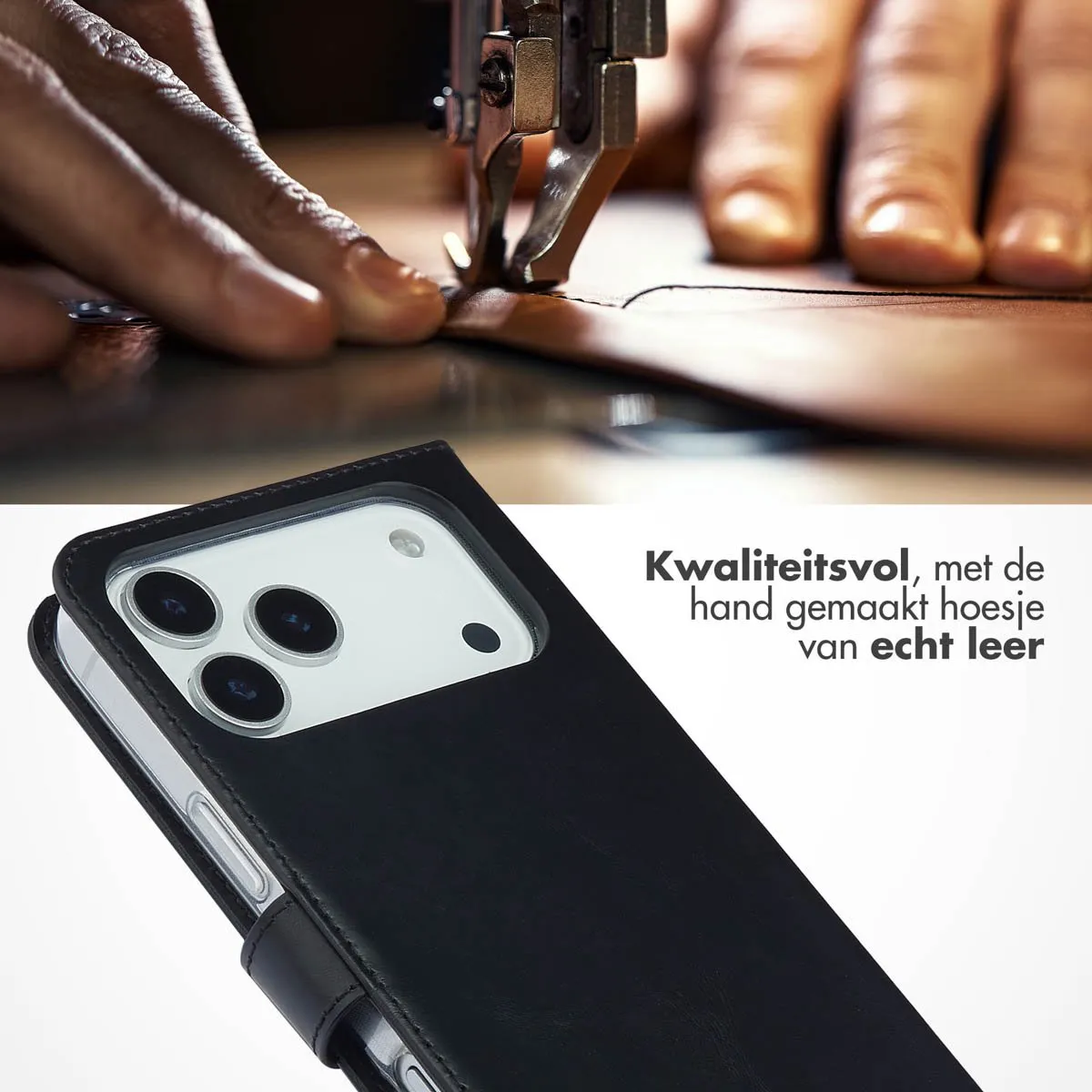 Selencia Hoesje iPhone 17 Pro Max - Echt Lederen Bookcase 3 Pasjes - Zwart