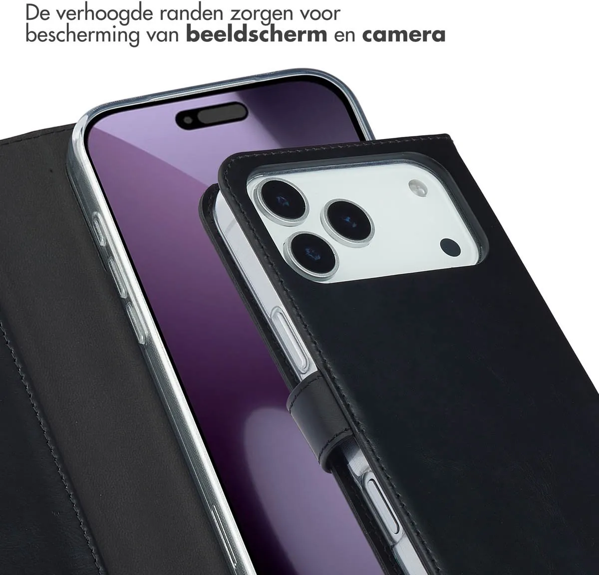 Selencia Hoesje iPhone 17 Pro Max - Echt Lederen Bookcase 3 Pasjes - Zwart