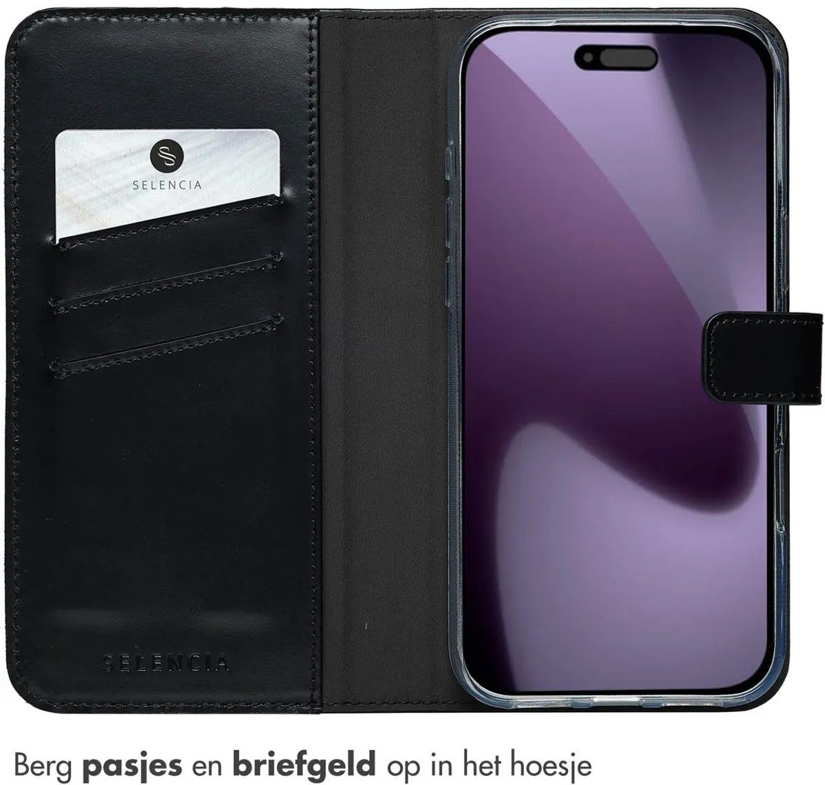 Selencia Hoesje iPhone 17 Pro Max - Echt Lederen Bookcase 3 Pasjes - Zwart