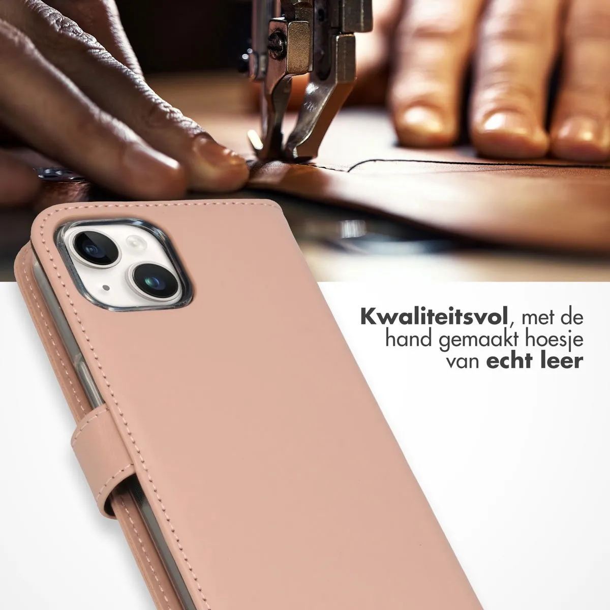 Selencia Hoesje iPhone 15 Echt Lederen Bookcase - Lichtroze