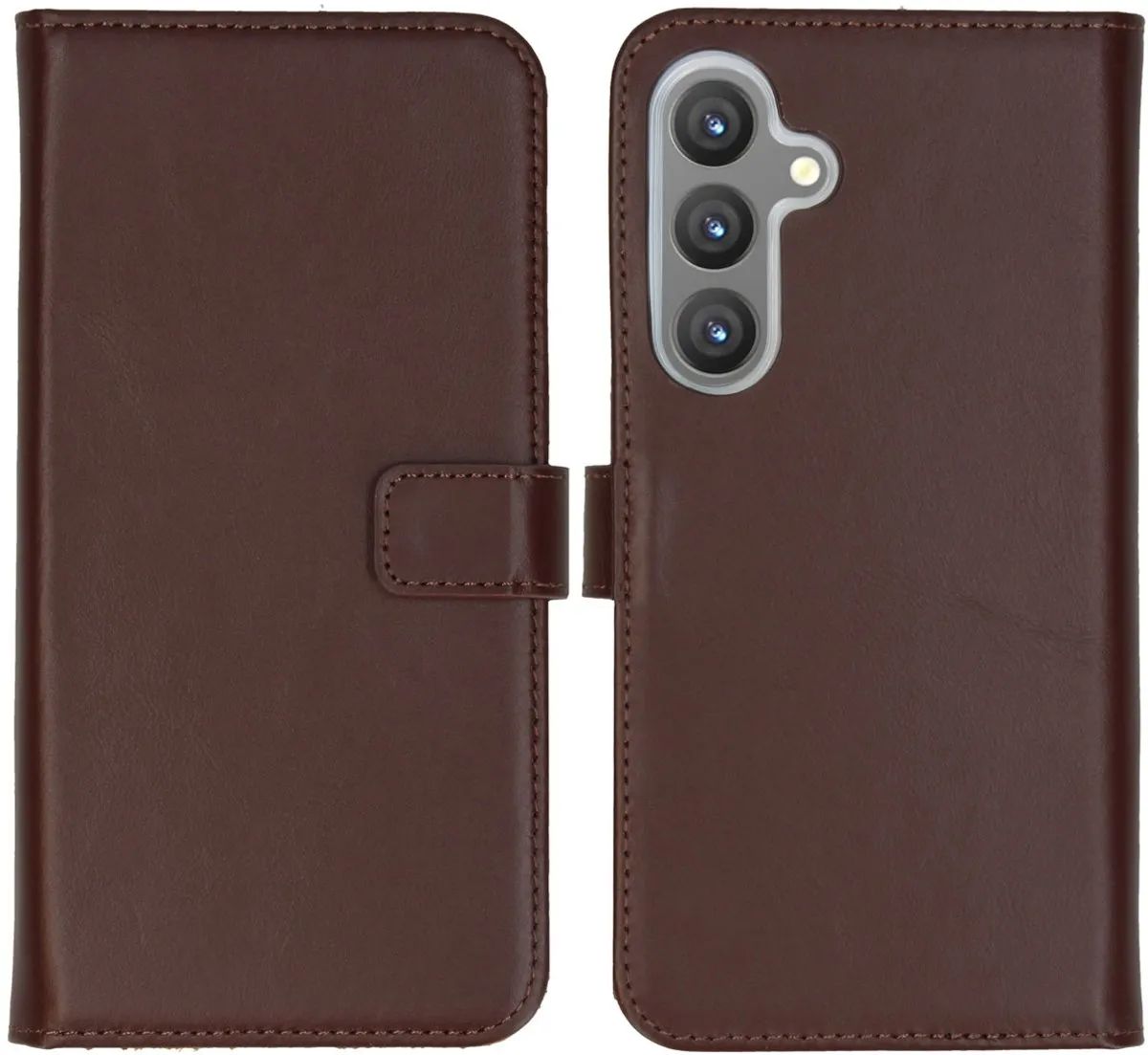 Selencia Hoesje Samsung Galaxy S24 Plus Donkerbruin - Echt Lederen Bookcase - 3 Pasjes