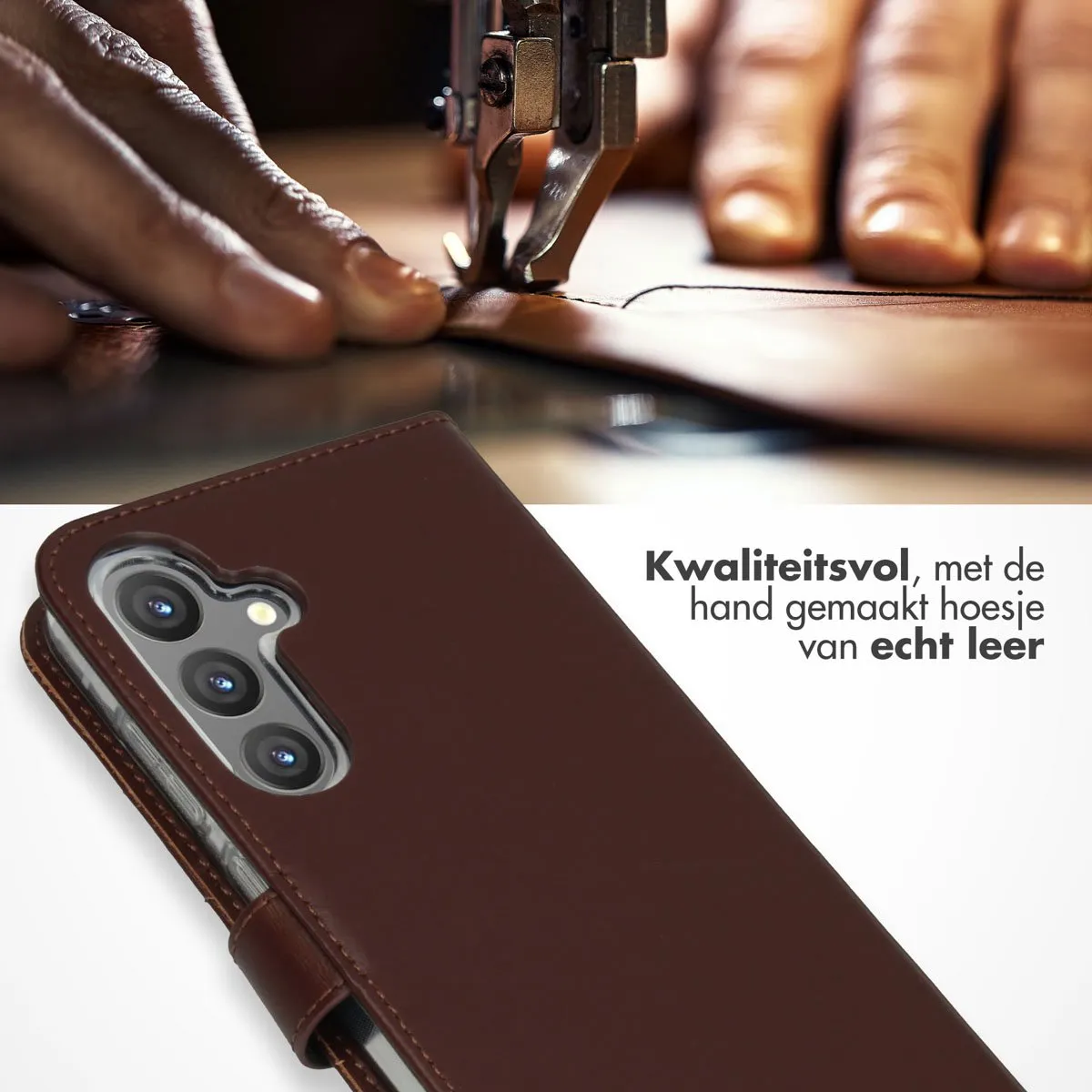 Selencia Hoesje Samsung Galaxy S24 Plus Donkerbruin - Echt Lederen Bookcase - 3 Pasjes