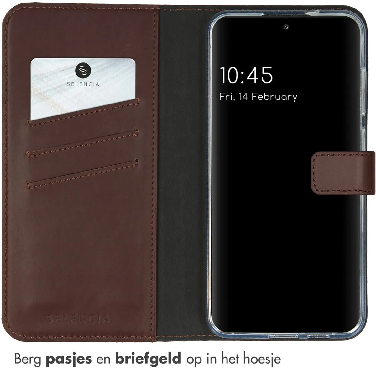 Selencia Hoesje Samsung Galaxy S24 Plus Donkerbruin - Echt Lederen Bookcase - 3 Pasjes
