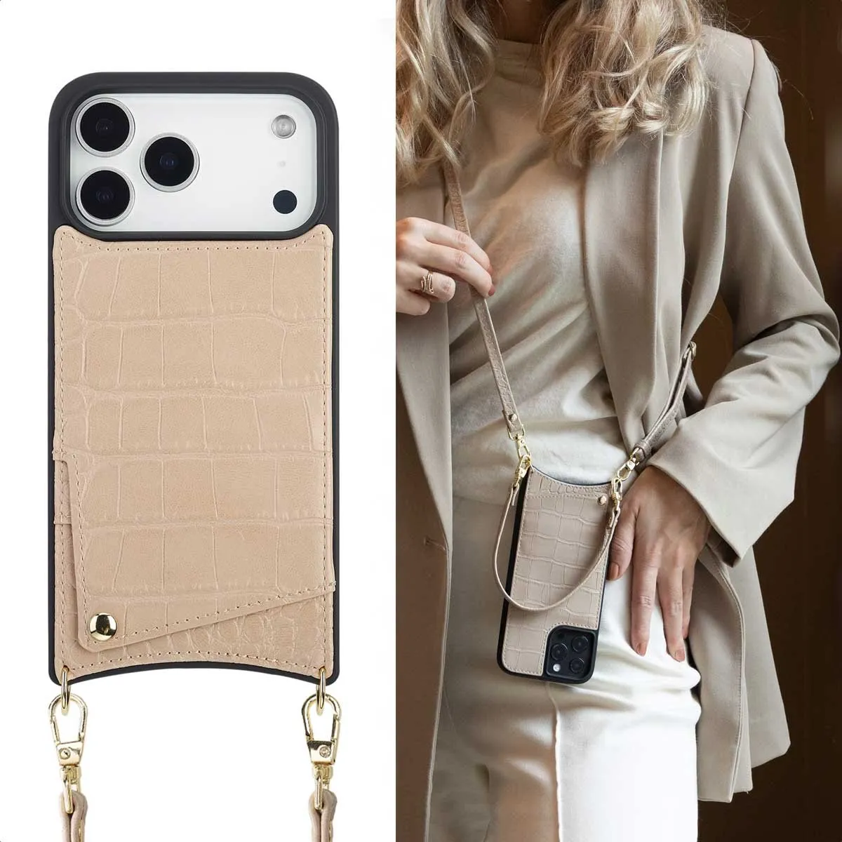Selencia Hoesje iPhone 17 Pro Max Croco Beige - 2 Pasjes