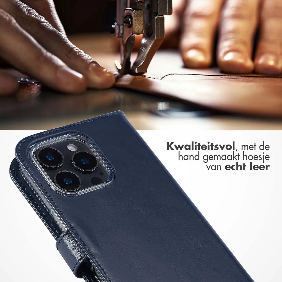 Selencia Hoesje iPhone 16 Pro Bookcase - Echt Leder Blauw - 3 Pasjes