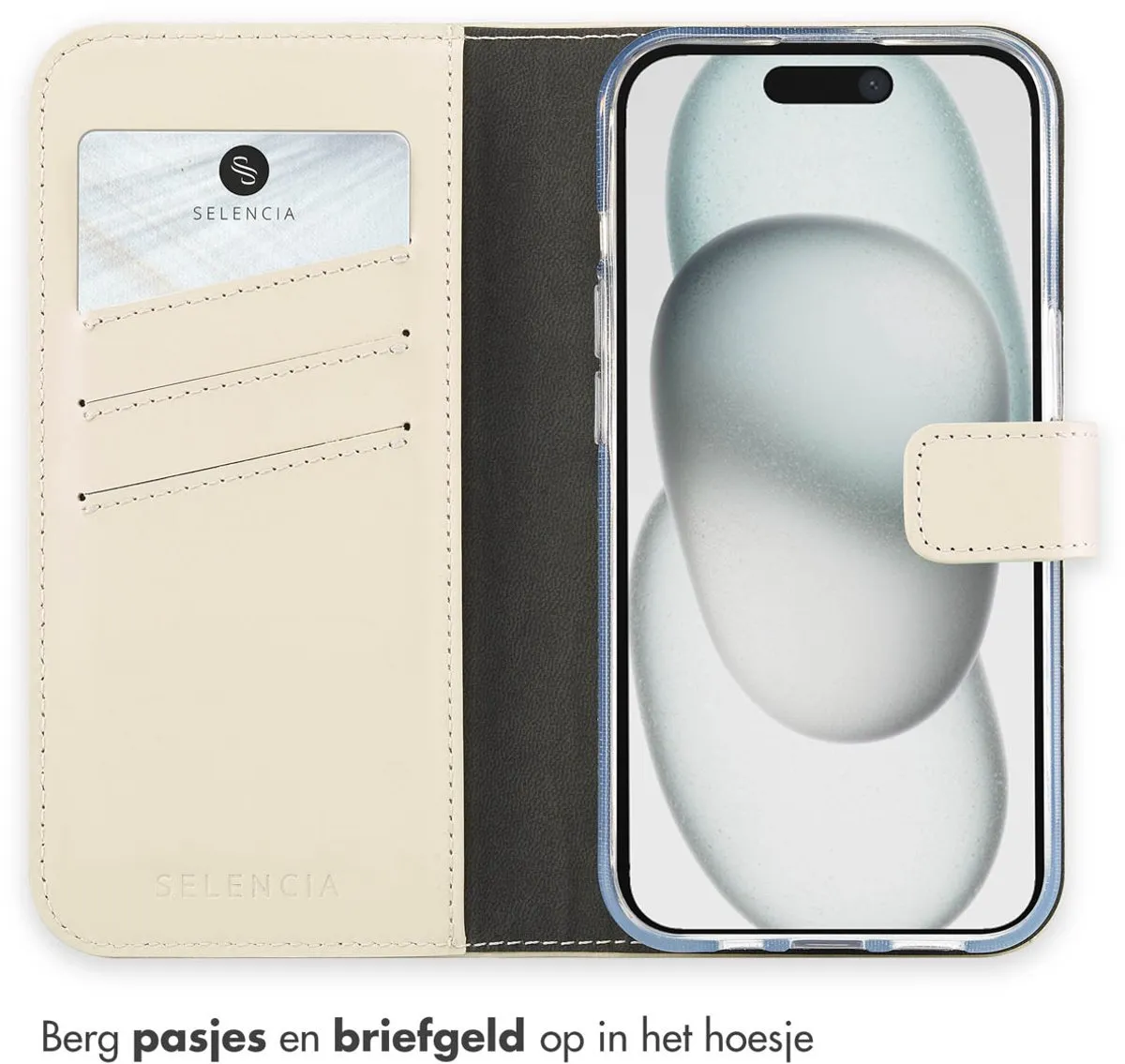 Selencia Hoesje iPhone 15 Echt Lederen Bookcase - 3 Pasjes - Greige