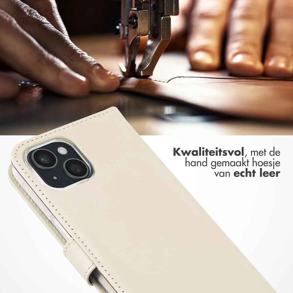Selencia Hoesje iPhone 15 Echt Lederen Bookcase - 3 Pasjes - Greige
