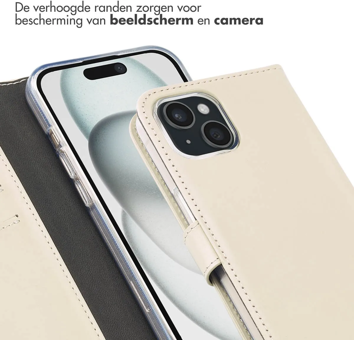 Selencia Hoesje iPhone 15 Echt Lederen Bookcase - 3 Pasjes - Greige