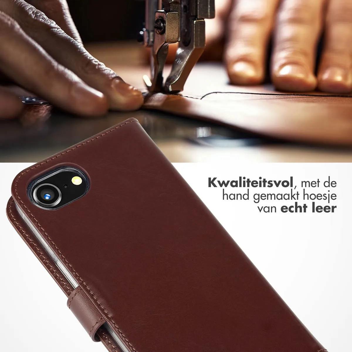 Selencia Hoesje iPhone 16e Echt Lederen Bookcase - 3 Pasjes - Bruin