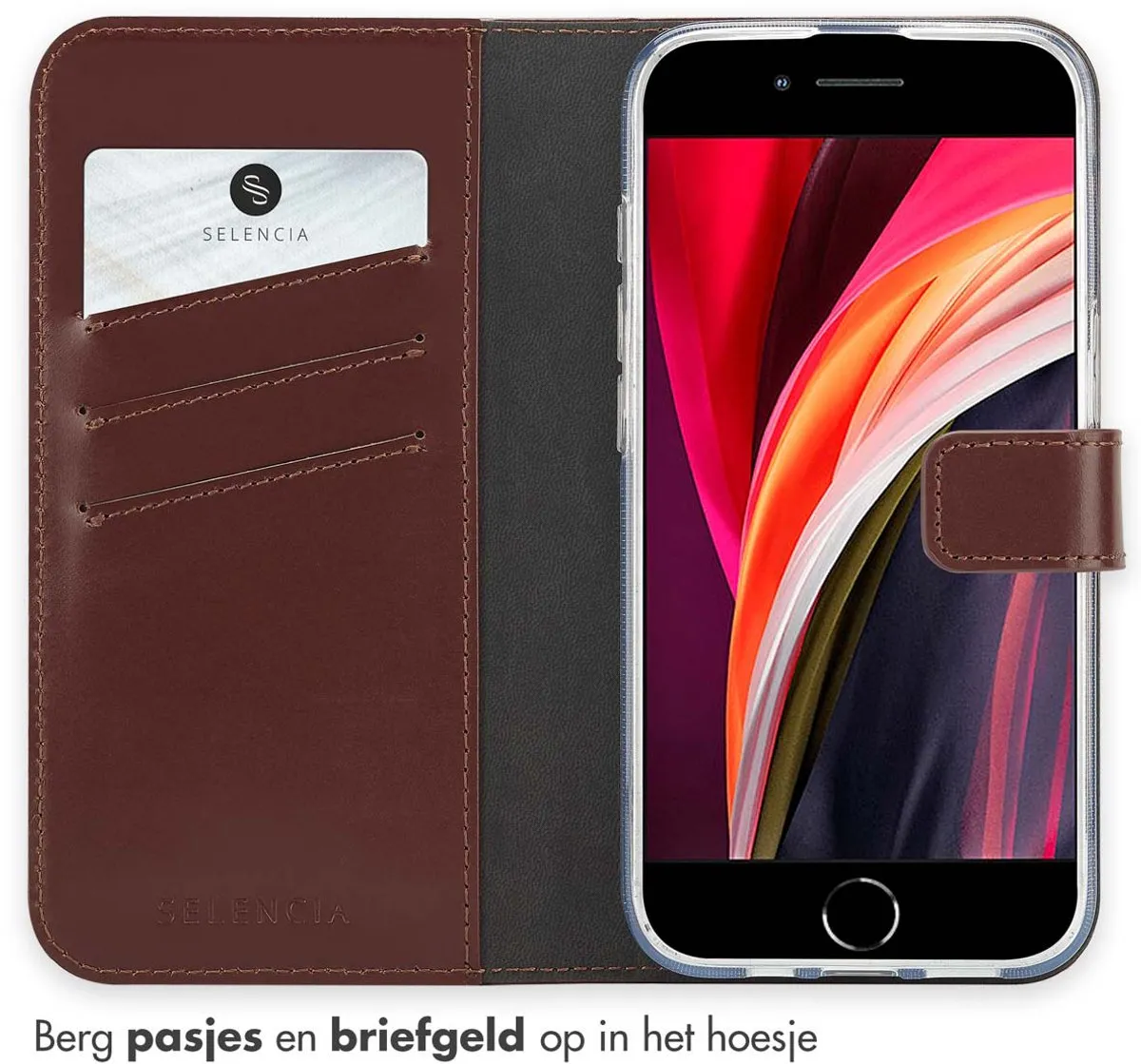 Selencia Hoesje iPhone 16e Echt Lederen Bookcase - 3 Pasjes - Bruin