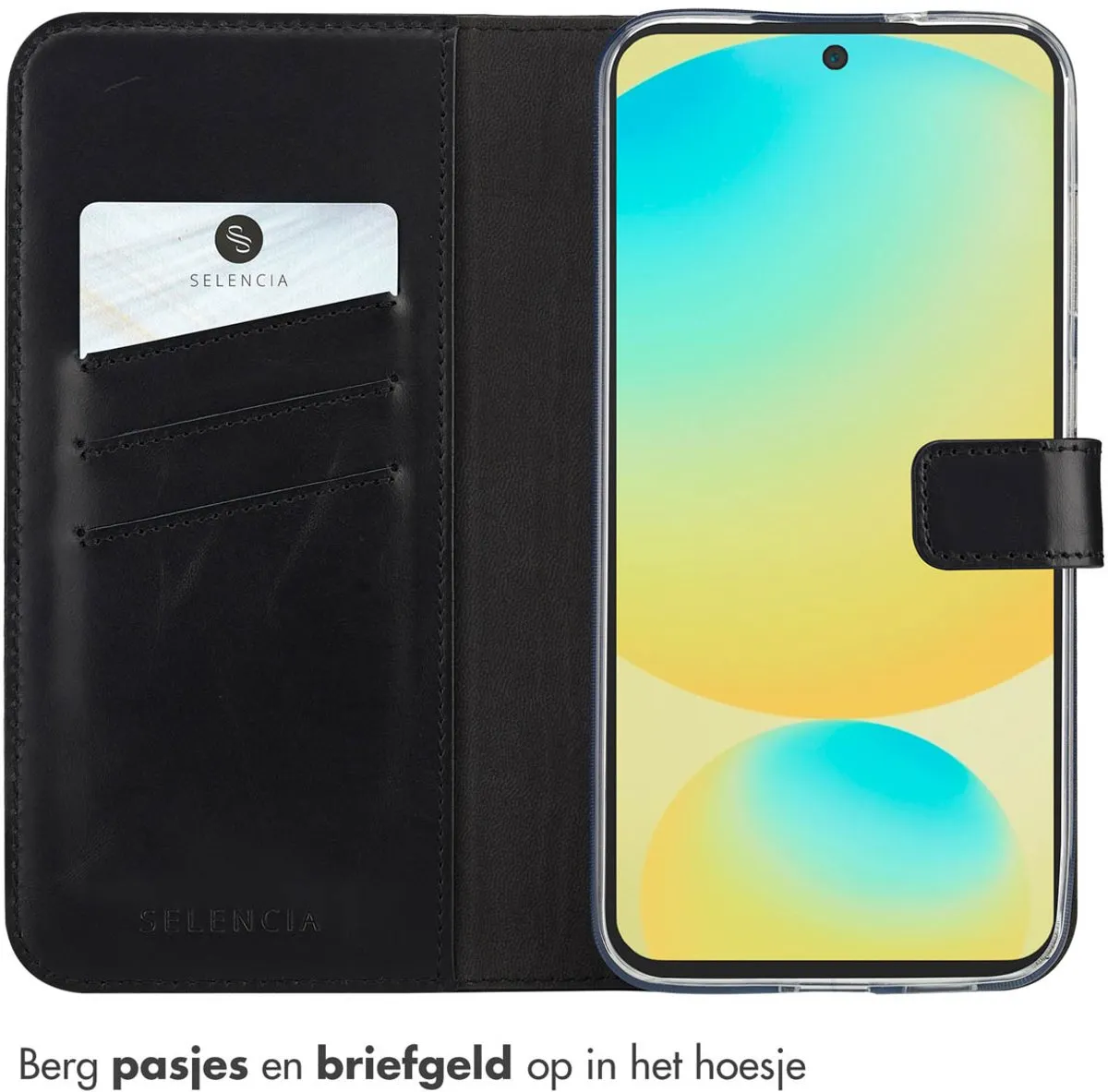 Selencia Hoesje Samsung Galaxy S25 FE - Echt Lederen Bookcase 3 Stuks - Zwart