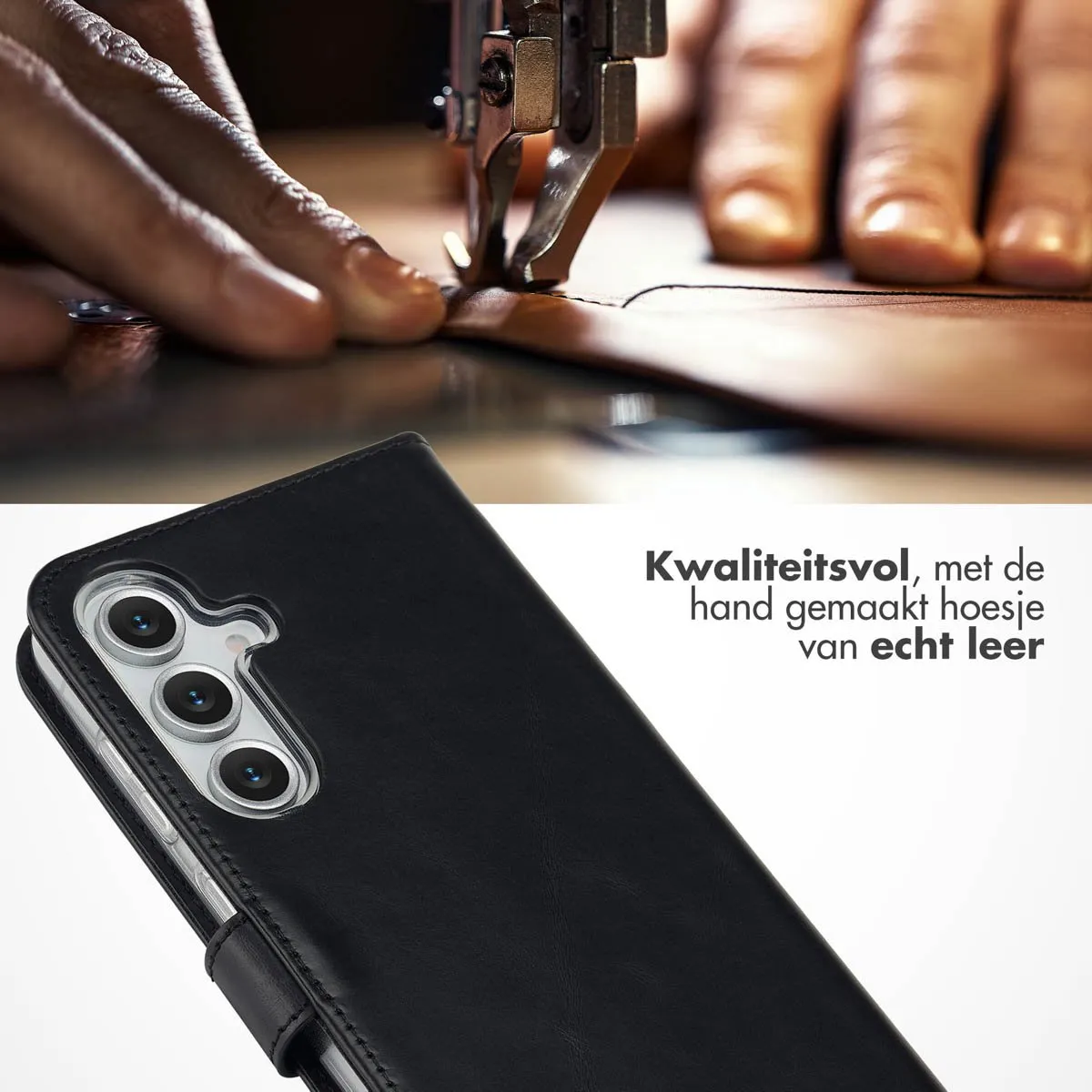 Selencia Hoesje Samsung Galaxy S25 FE - Echt Lederen Bookcase 3 Stuks - Zwart