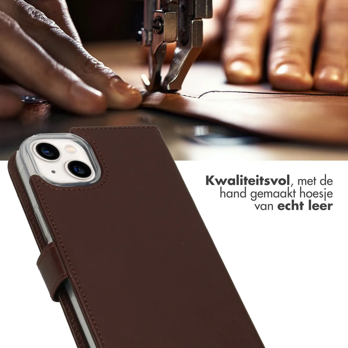 Selencia Hoesje iPhone 14 Plus Echt Lederen Bookcase - 3 Pasjes - Bruin