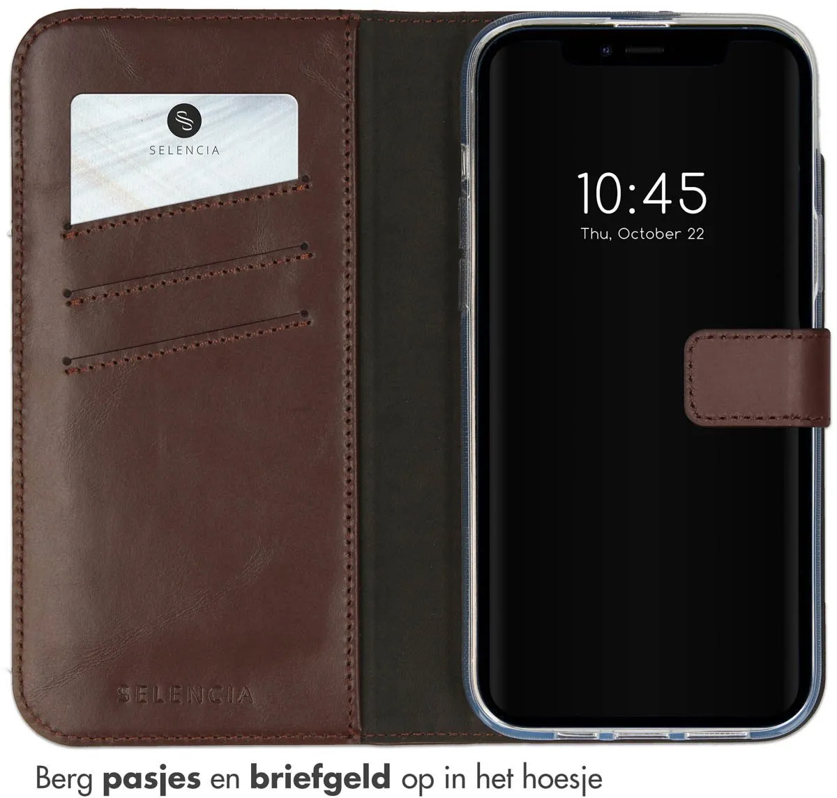 Selencia Hoesje iPhone 14 Plus Echt Lederen Bookcase - 3 Pasjes - Bruin