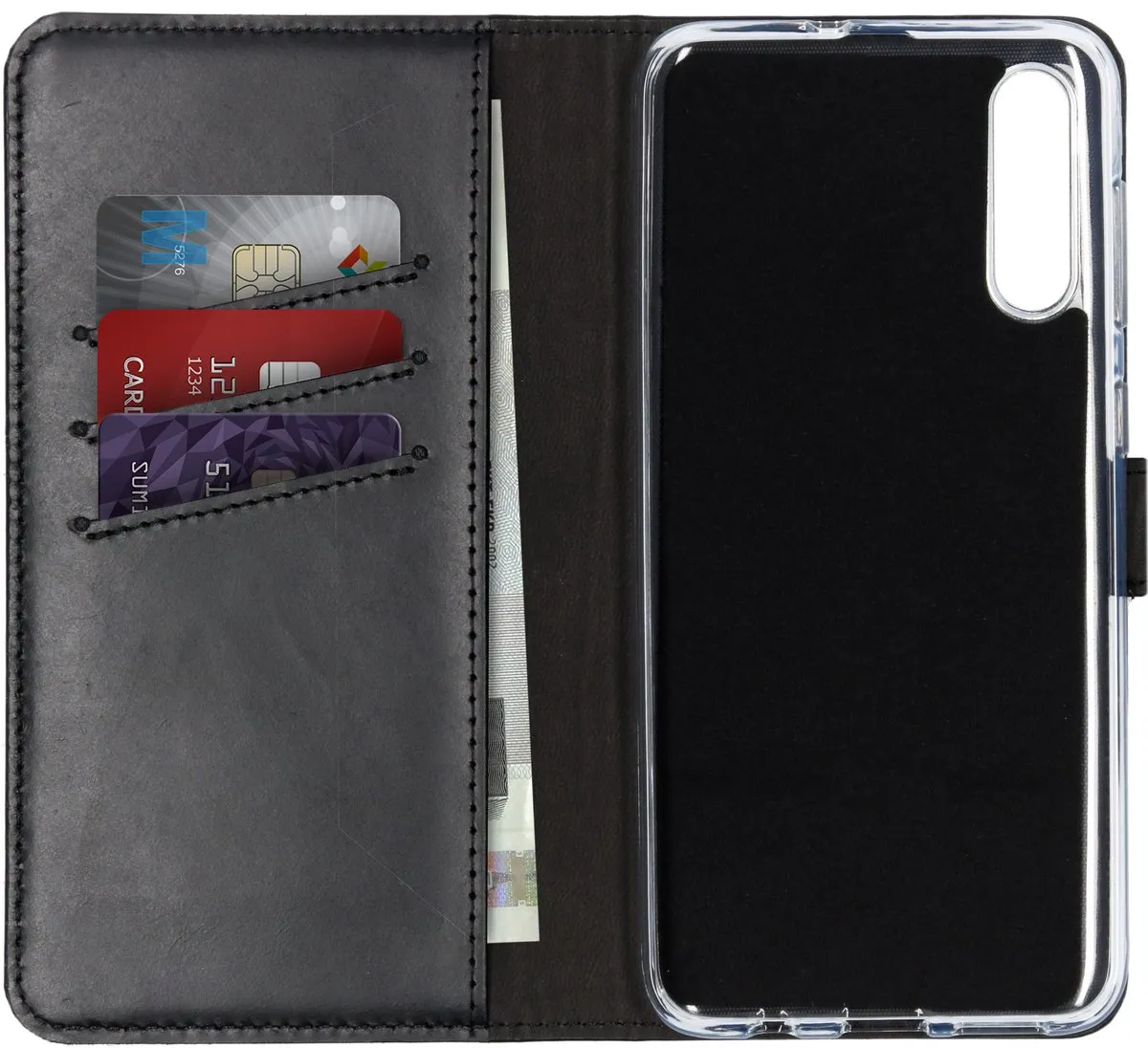 Selencia Hoesje Echt Lederen Bookcase Zwart - Samsung Galaxy A30s/A50
