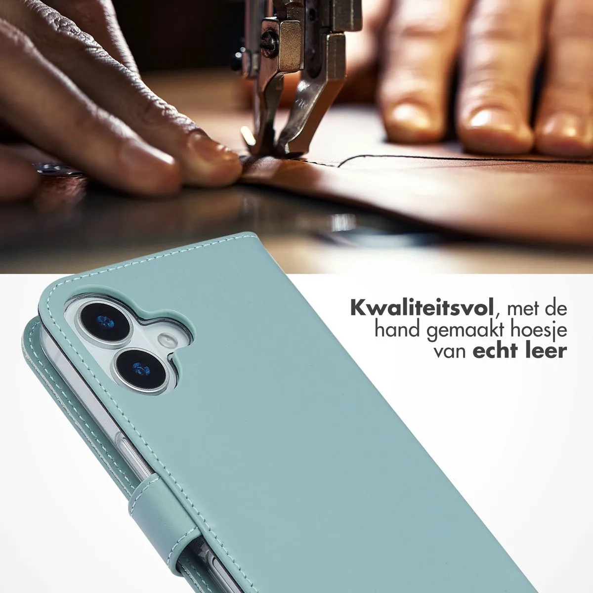 Selencia Hoesje iPhone 17 - Echt Leder Bookcase Lichtblauw
