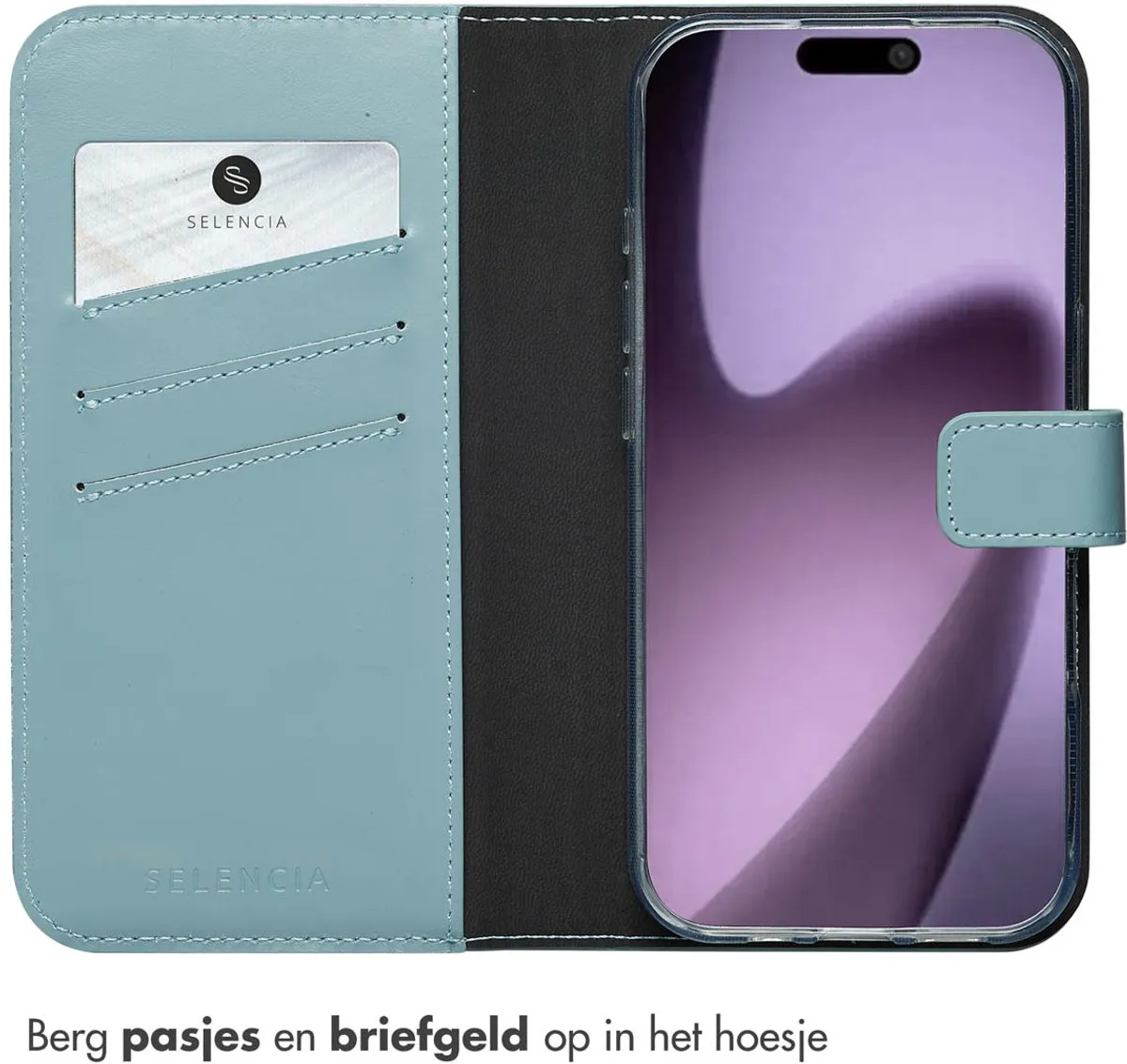 Selencia Hoesje iPhone 17 - Echt Leder Bookcase Lichtblauw