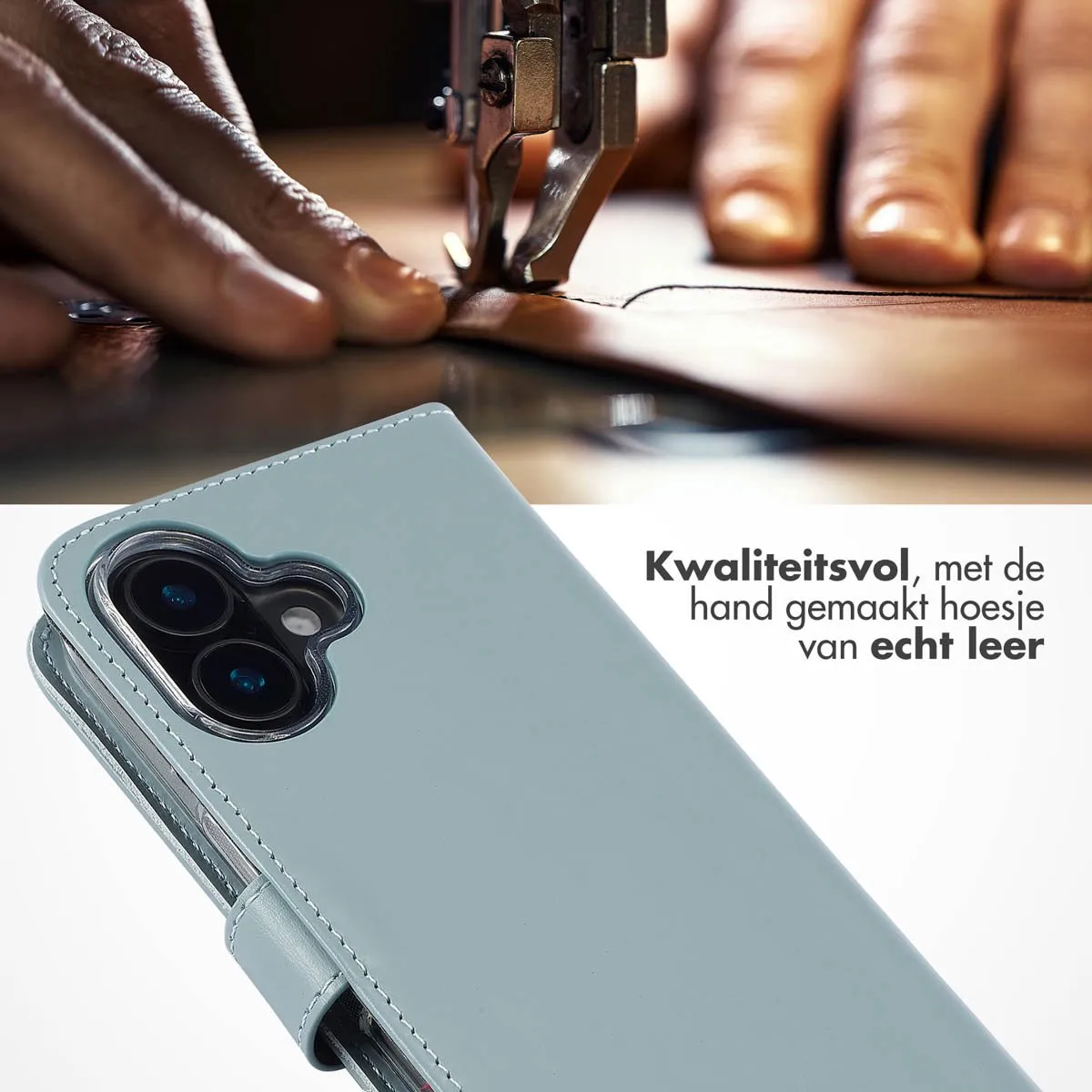 Selencia Hoesje iPhone 16 Plus - Echt Leder Bookcase - Lichtblauw