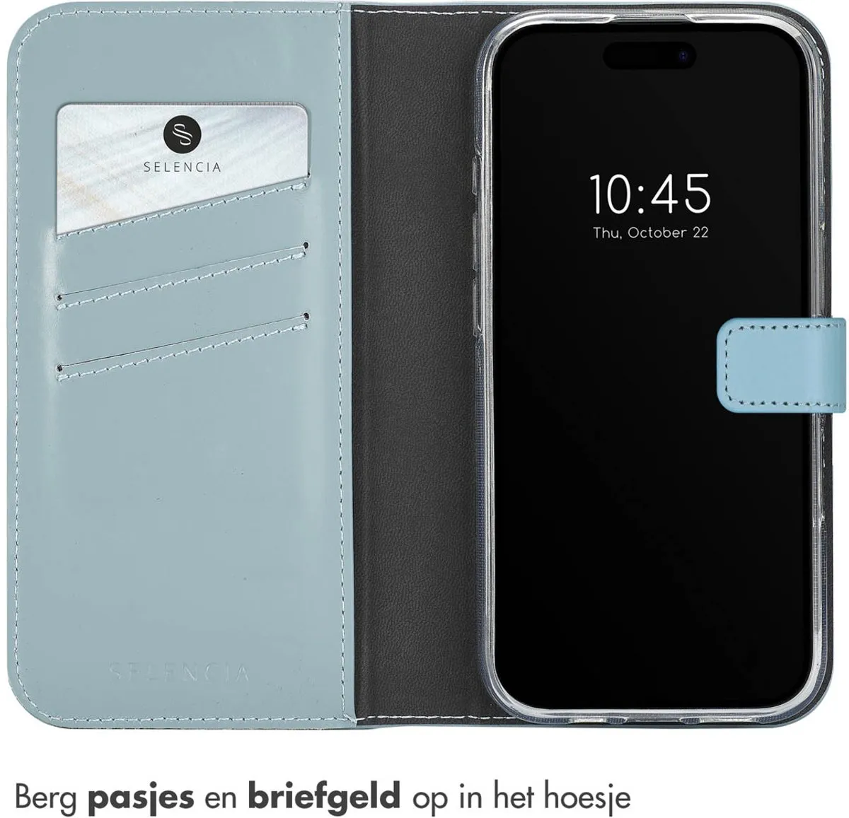 Selencia Hoesje iPhone 16 Pro - Echt Leder Bookcase - Lichtblauw