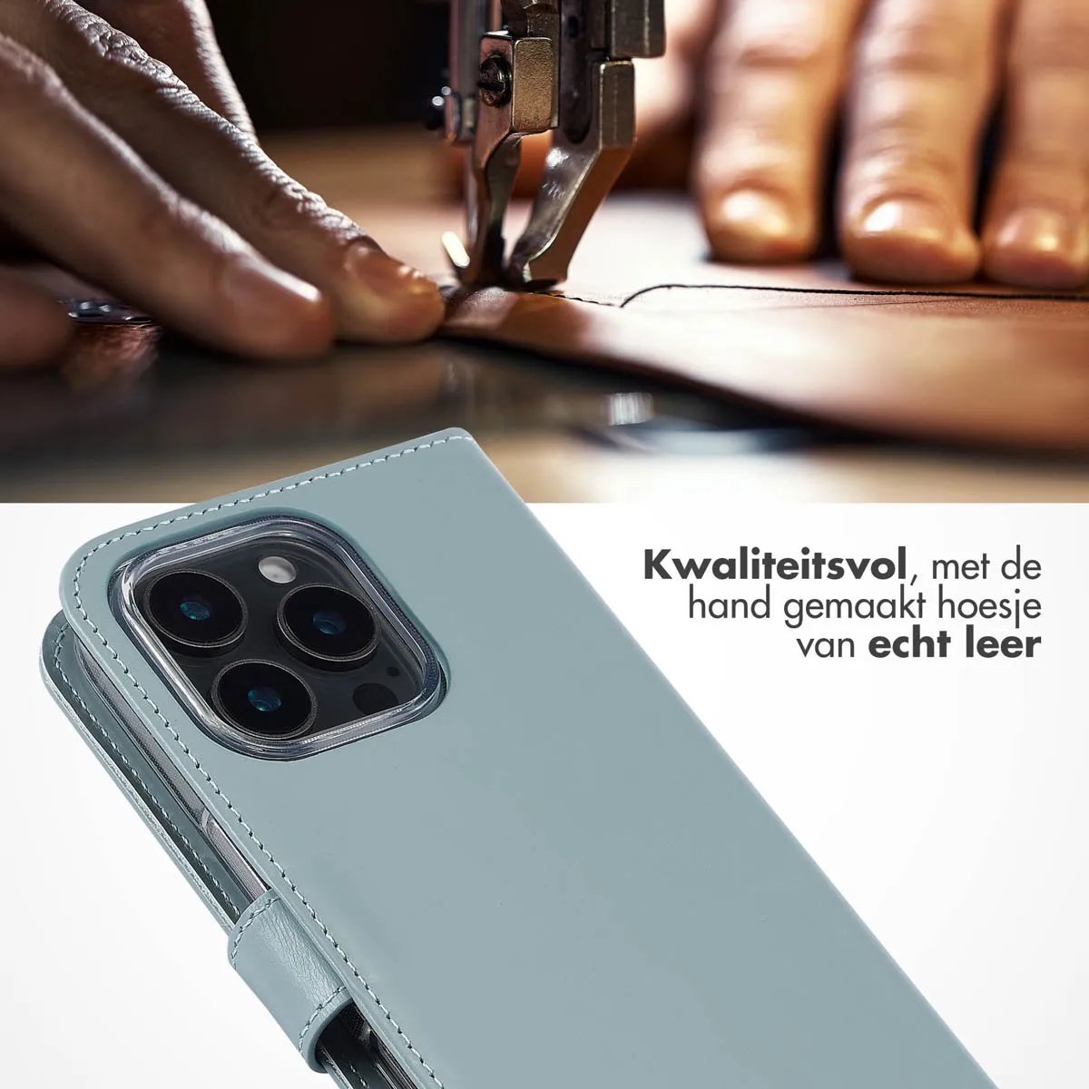 Selencia Hoesje iPhone 16 Pro - Echt Leder Bookcase - Lichtblauw