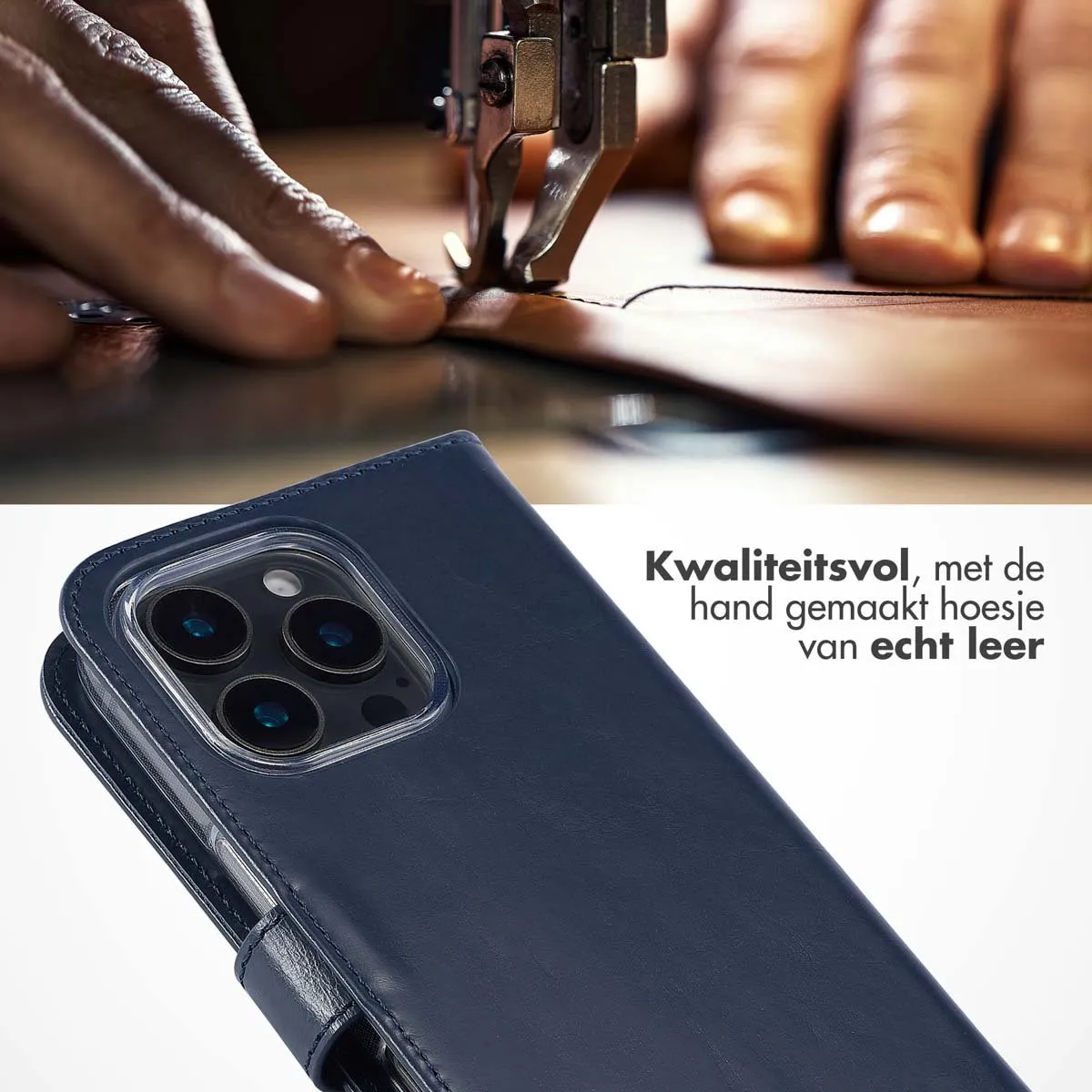Selencia Hoesje iPhone 16 Pro Max - Echt Lederen Bookcase 3 Pasjes - Blauw