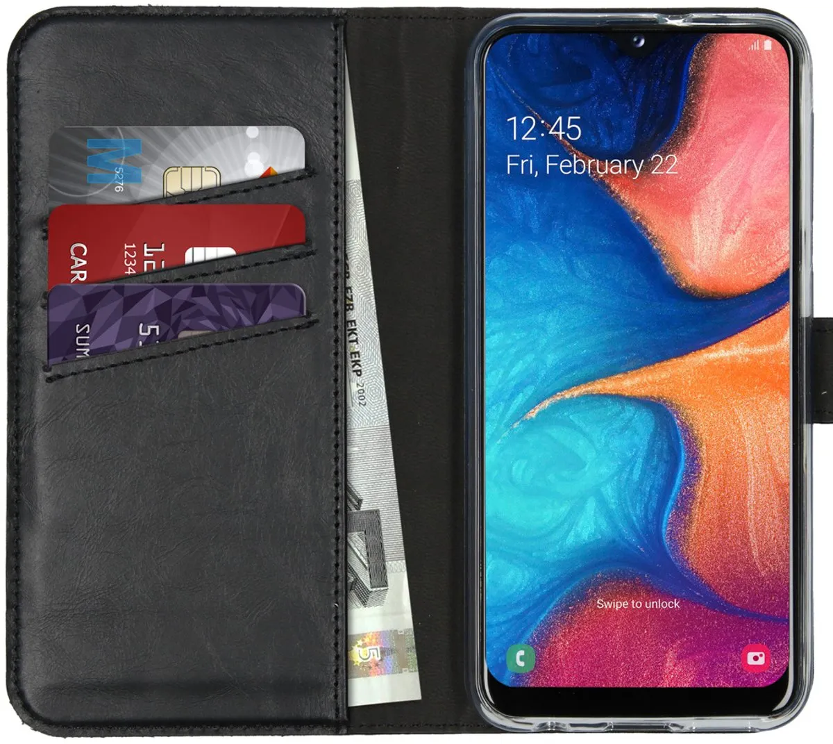 Selencia Hoesje Samsung Galaxy A20e - Echt Lederen Bookcase 3 Stuks - Zwart