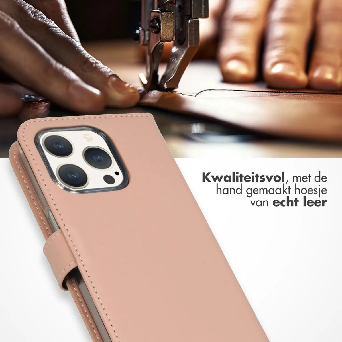 Selencia Hoesje iPhone 15 Pro - Echt Lederen Bookcase - Lichtroze