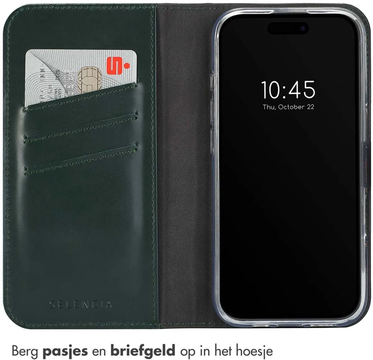 Selencia Hoesje iPhone 16 Pro Max - Groen Lederen Bookcase - 3 Pasjes