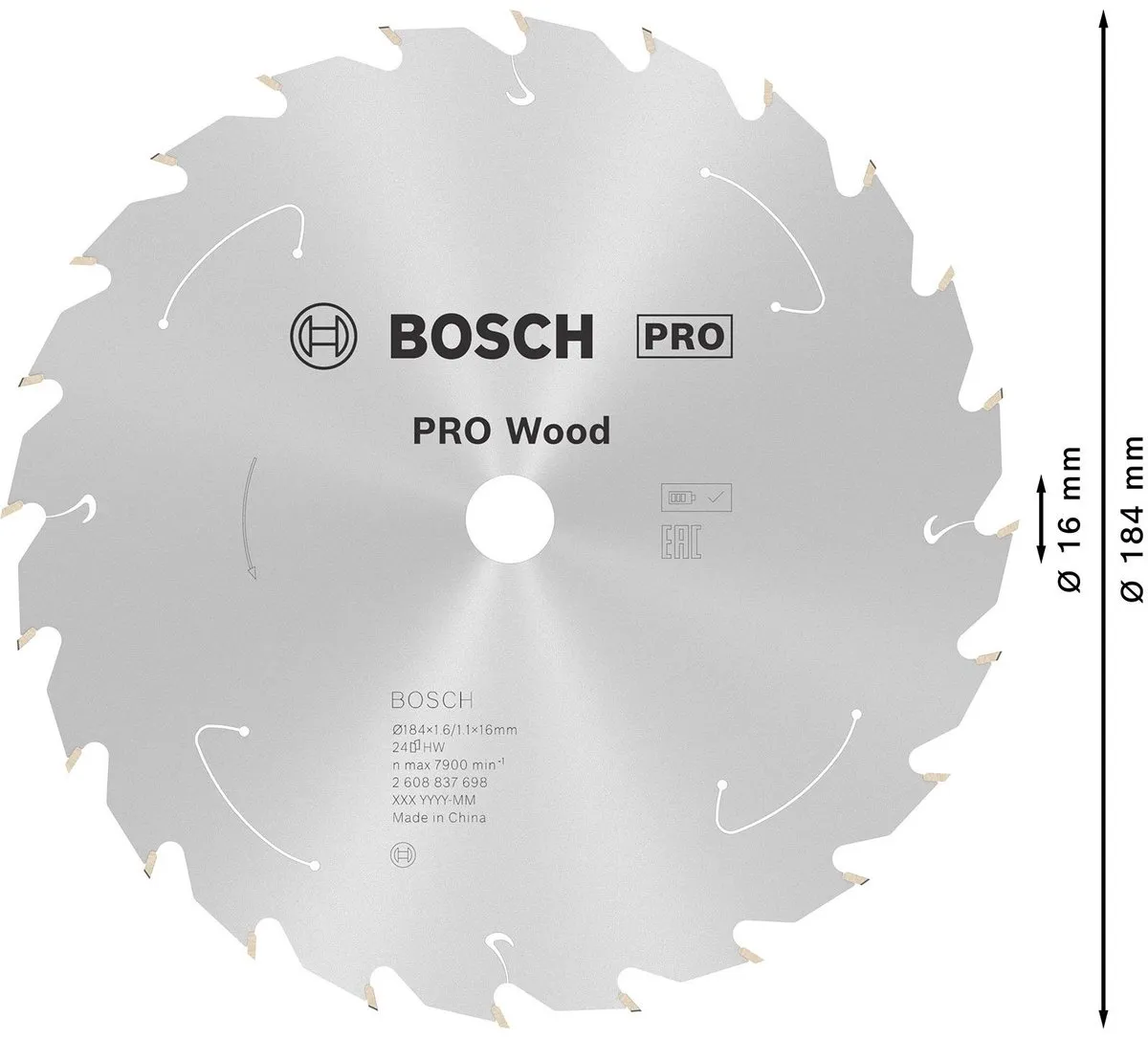 Bosch PRO Wood Zaagblad 184mm 24 Tanden - 1,6mm x 16mm as