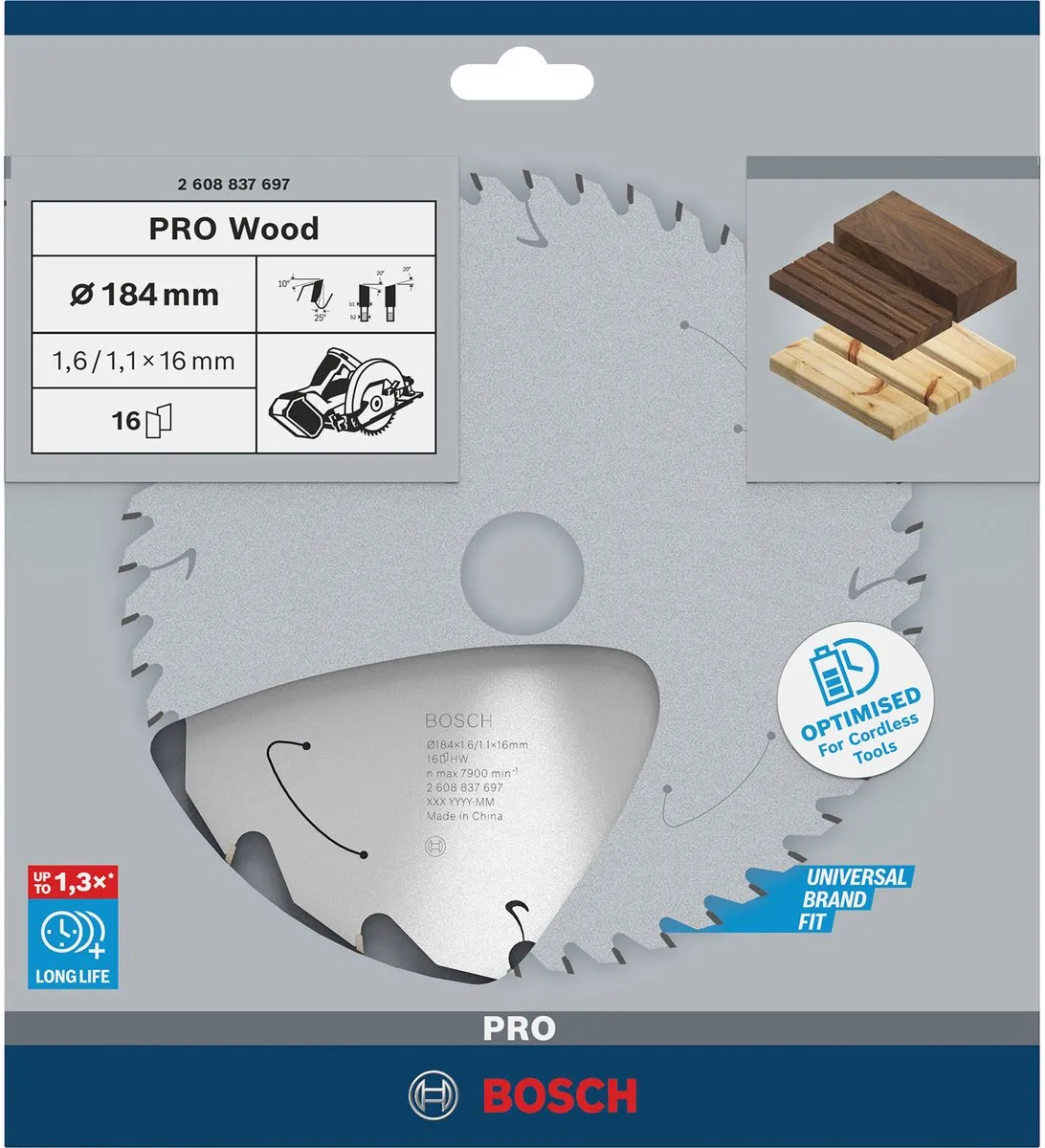Bosch PRO Wood Zaagblad 184mm 24 Tanden - 1,6mm x 16mm as - afbeelding 6 van 6
