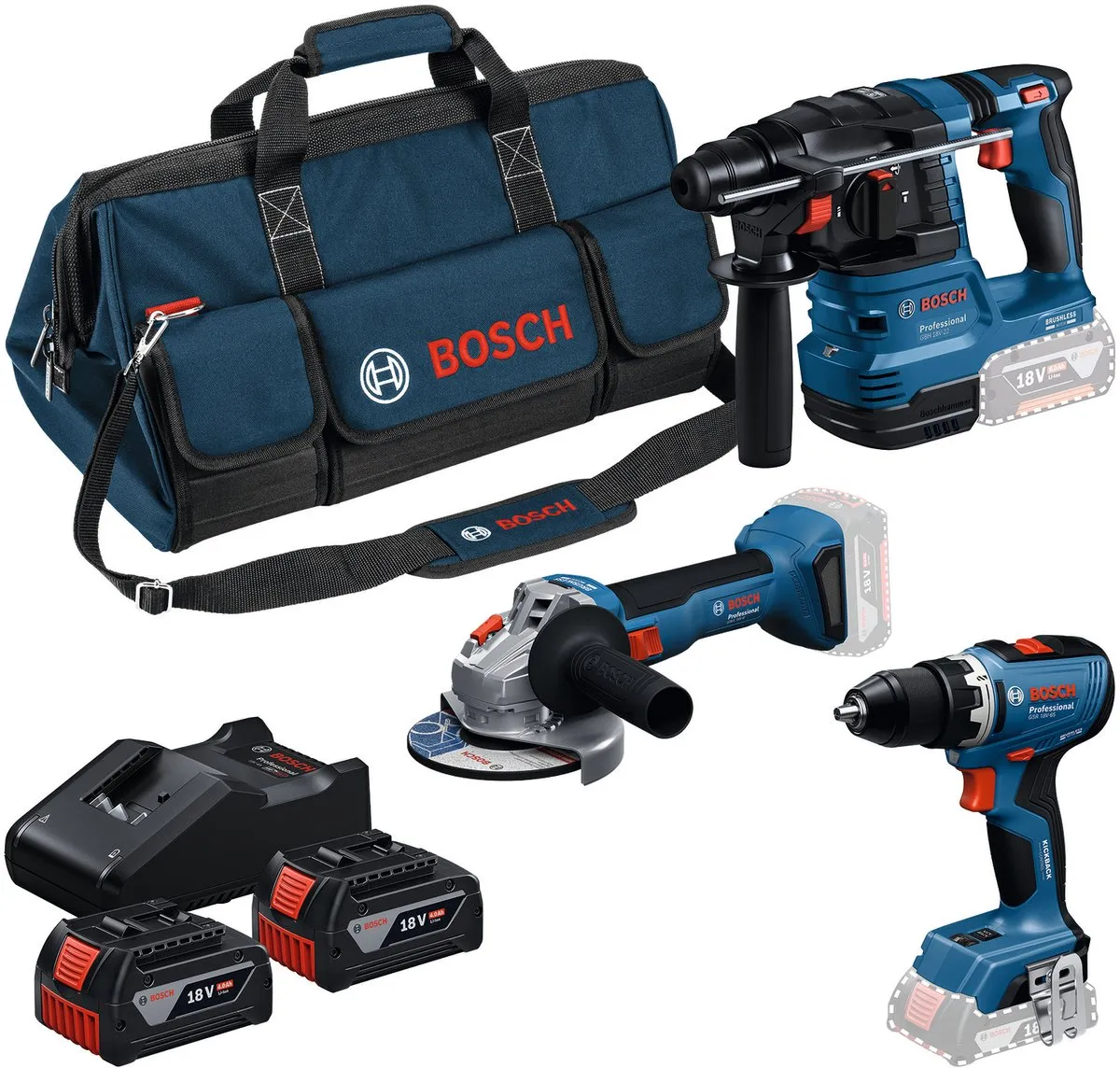 Bosch Professional 18V Toolkit GSR 18V-65 GWS 18V-8 GBH 18V-22 - 2x 4.0Ah Accu