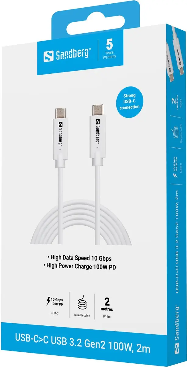 Sandberg 136-54 USB-C Kabel 2m - Wit - afbeelding 2 van 4
