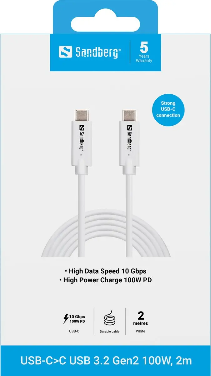 Sandberg 136-54 USB-C Kabel 2m - Wit - afbeelding 3 van 4