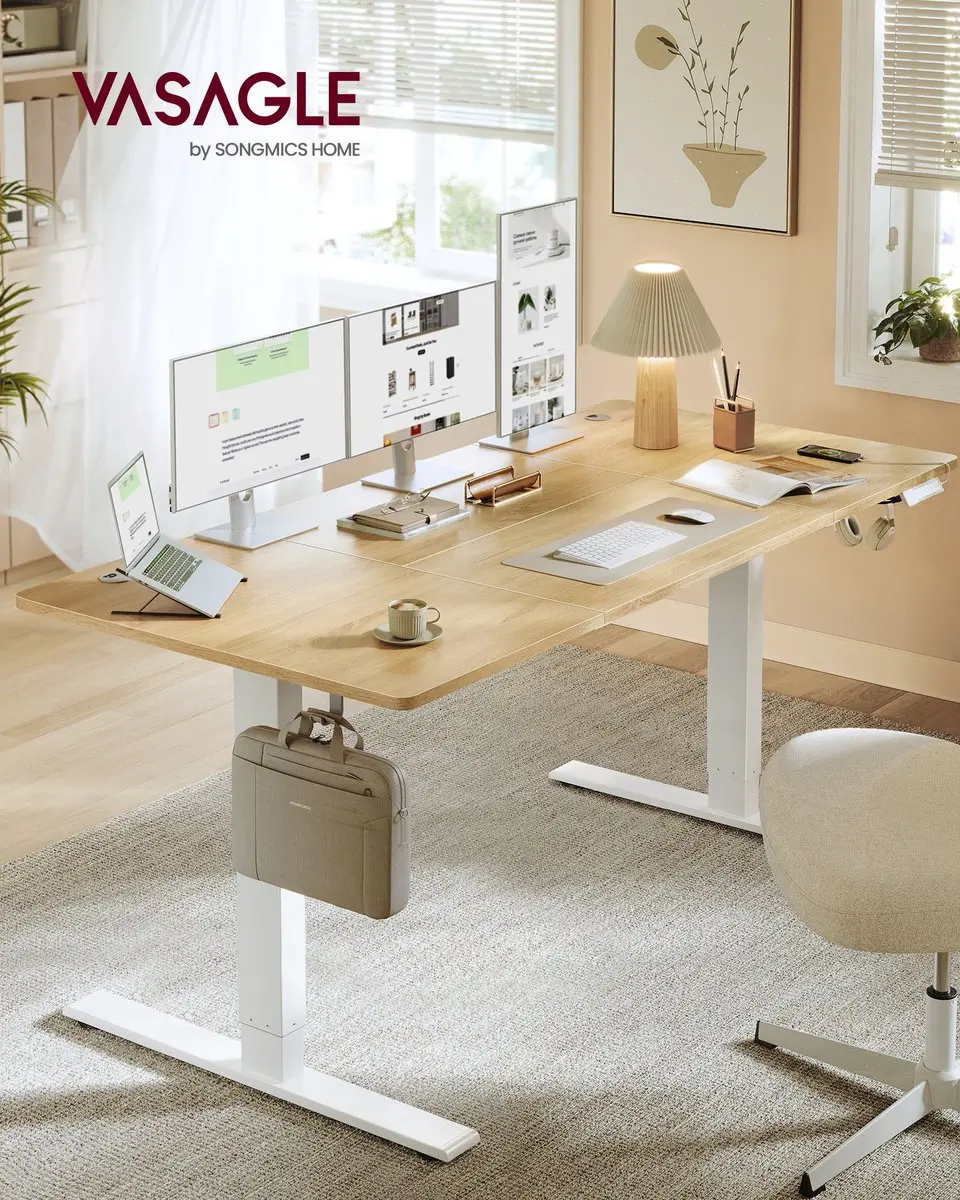 Songmics Bureau In Hoogte Verstelbaar 180x80cm - Zit-Sta - Goudeiken/Matwit - afbeelding 2 van 6