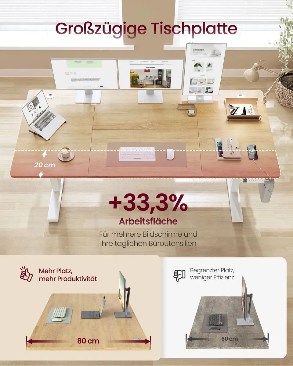 Songmics Bureau In Hoogte Verstelbaar 180x80cm - Zit-Sta - Goudeiken/Matwit - afbeelding 3 van 6