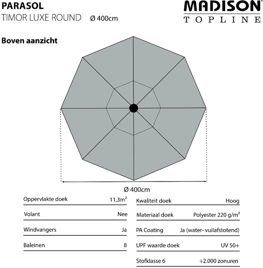 Madison Timor Luxe Stokparasol Ø400cm - Grijs - afbeelding 3 van 6